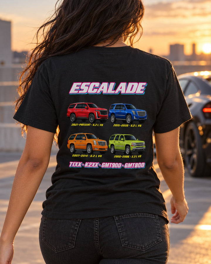Cadillac Escalade Evolution Poster Full-Back Graphic Tee T-Shirt Black worn hero