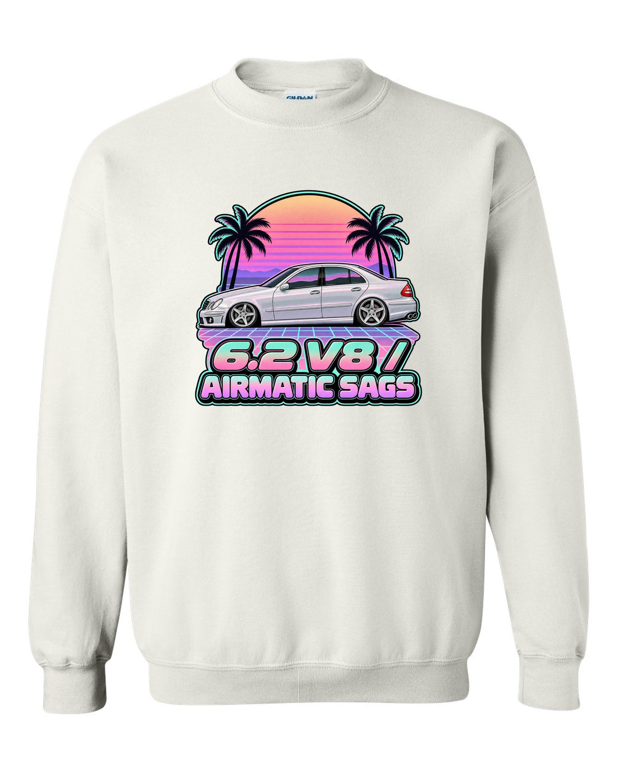 Vaporwave pastel print of a Mercedes E63 AMG W211 with Airmatic text white crewneck front view with the design