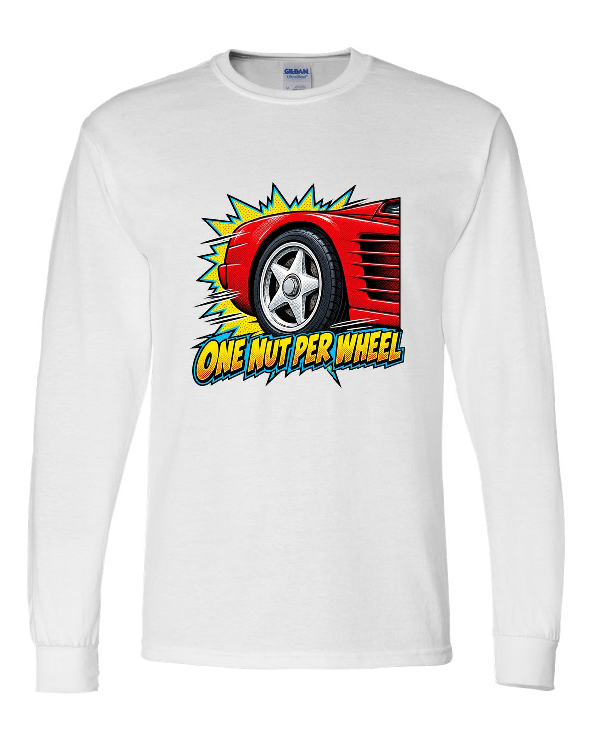 Comic halftone pop art of a Ferrari Testarossa five-star wheel white long sleeve front view with the design