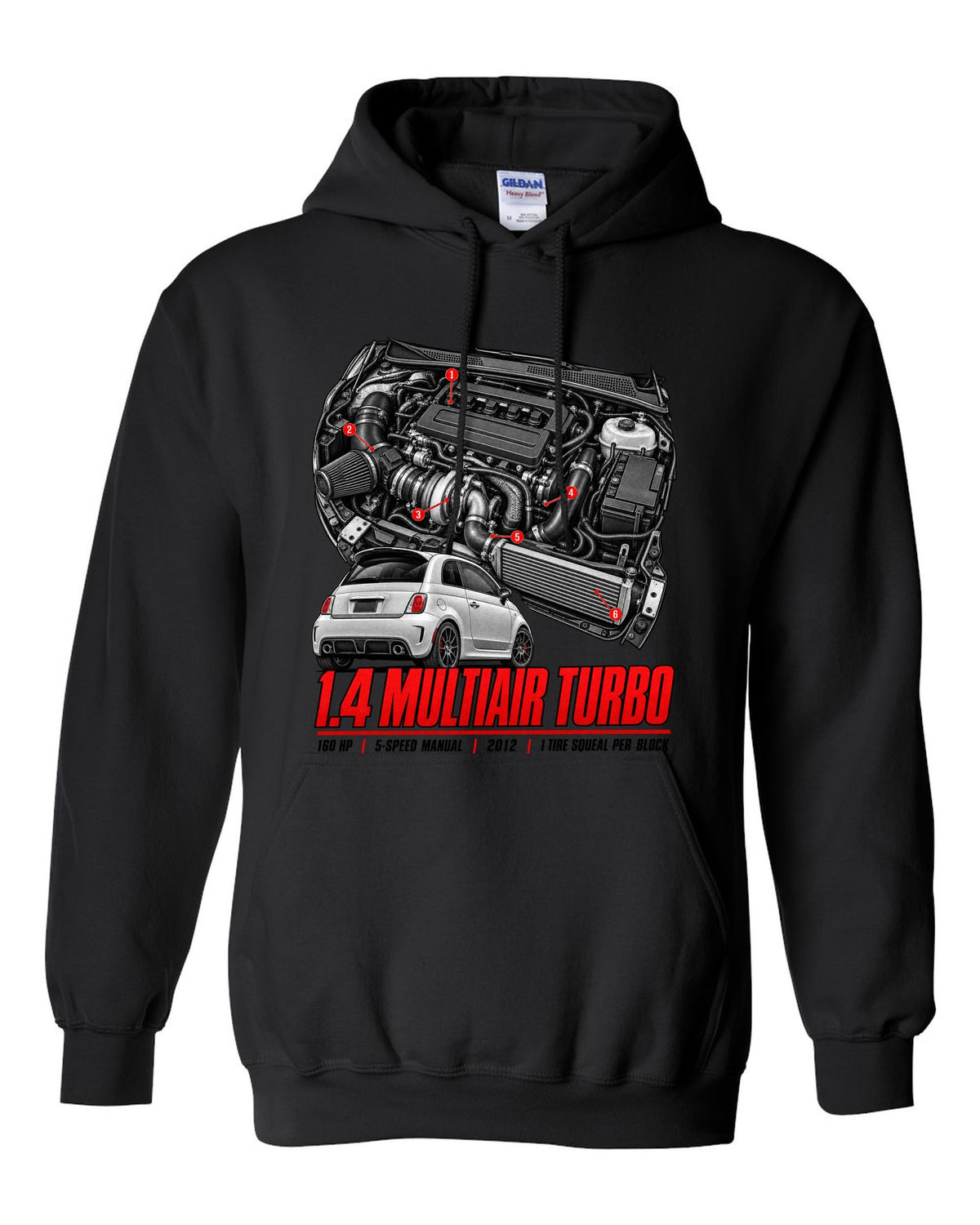 Fiat 500 Abarth engine bay hero poster with 1.4 MultiAir turbo figures black pull over hoodie front view with the design