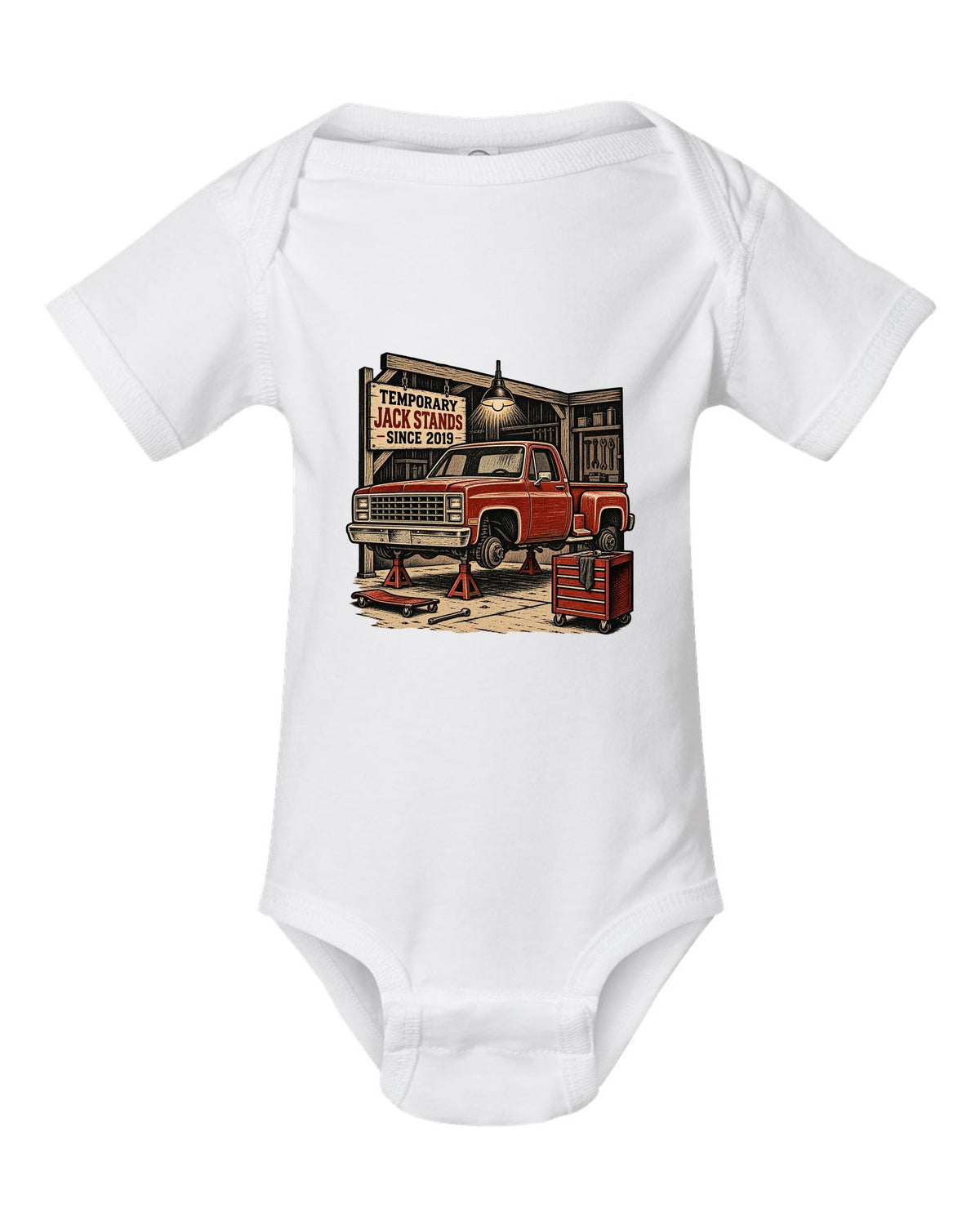 Linocut woodcut style print of a 1973-87 Chevrolet C10 Squarebody Stepside in a workshop with jack stands lettering white baby onesie front view with the design