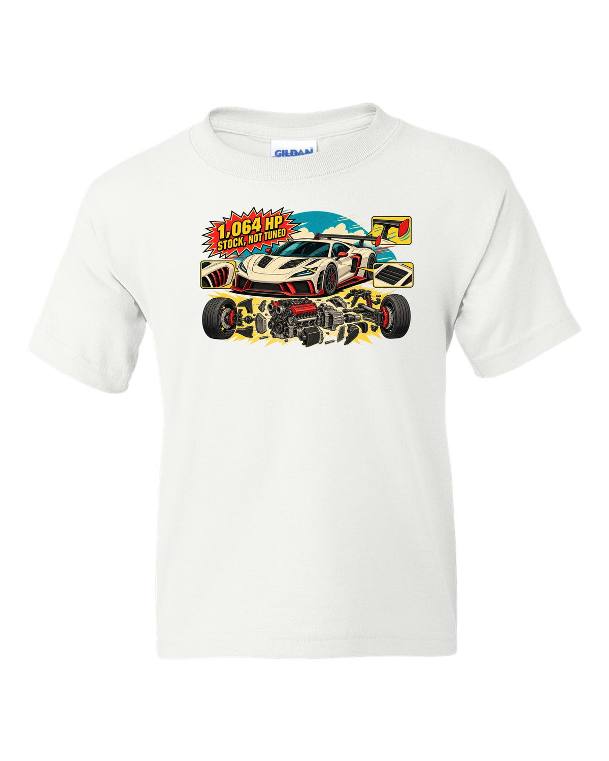 Exploded flat-plane V8 engine schematic with a 2023 C8 Corvette Z06 white kids tee front view with the design