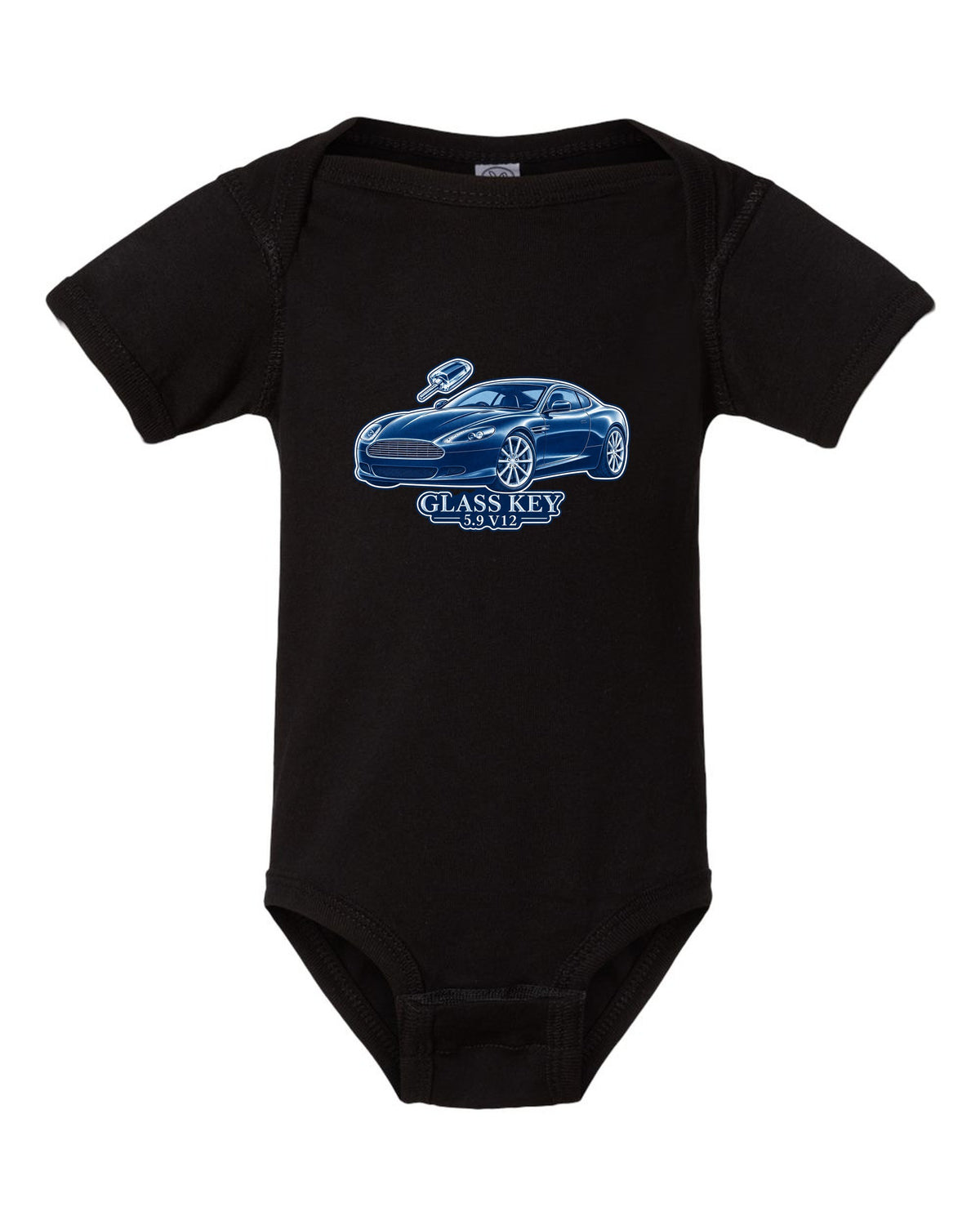 Cel-shaded anime night street print of a 2005 Aston Martin V8 Vantage in rain with glass key lettering black baby onesie front view with the design