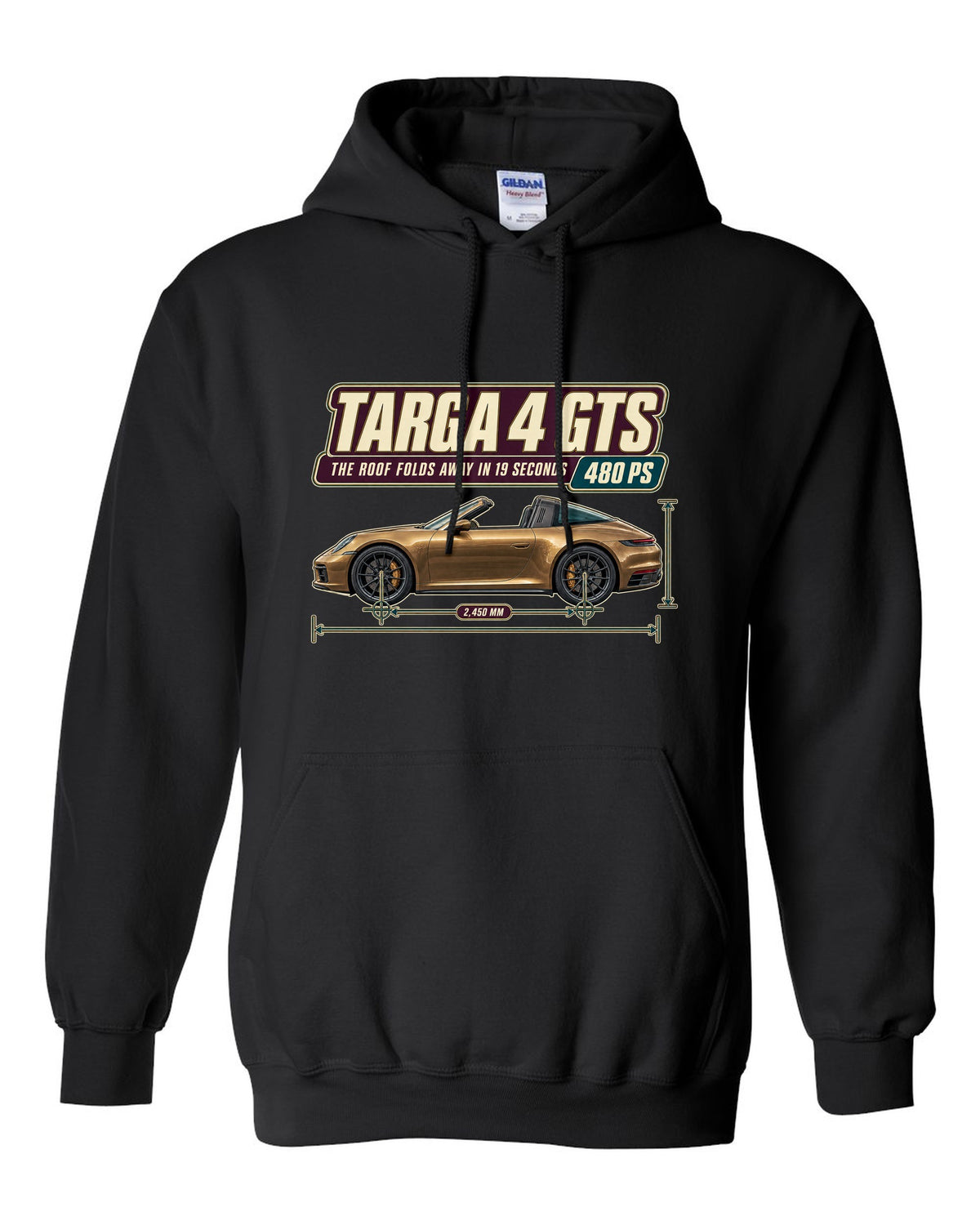 Editorial headline print of a Porsche 911 Targa 4 GTS 992 black pull over hoodie front view with the design