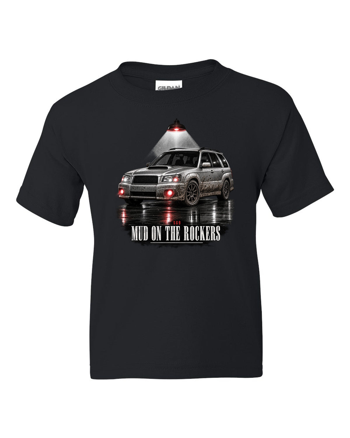 Garage night print for the Subaru Forester SG9 reading Mud on the Rockers black kids tee front view with the design