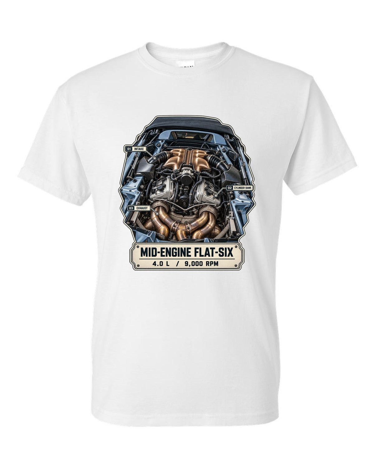 Engine hero print of a Porsche 718 Spyder RS 982 showing the mid-engine 4.0 L flat-six white t-shirt front view with the design