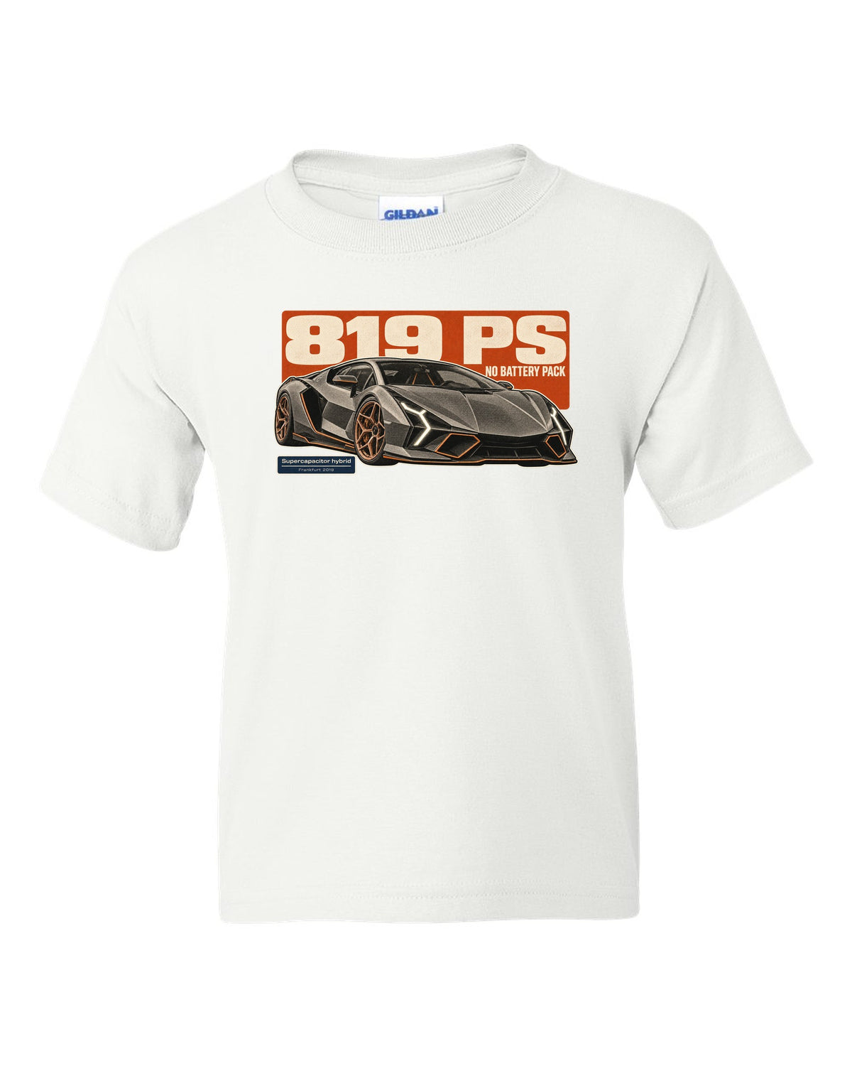 Halftone statement print of the Lamborghini Sian FKP 37 white kids tee front view with the design