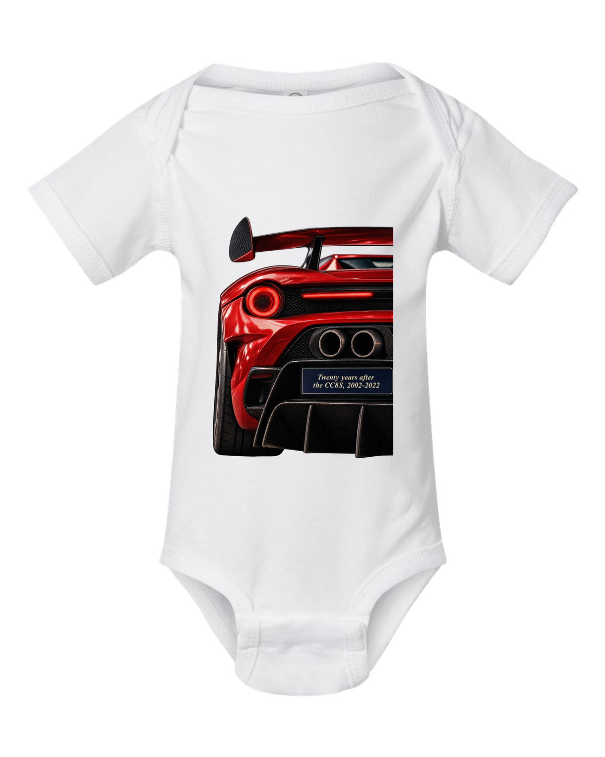 Taillight macro print of the Koenigsegg CC850 with the text twenty years after the CC8S, 2002-2022 white baby onesie front view with the design