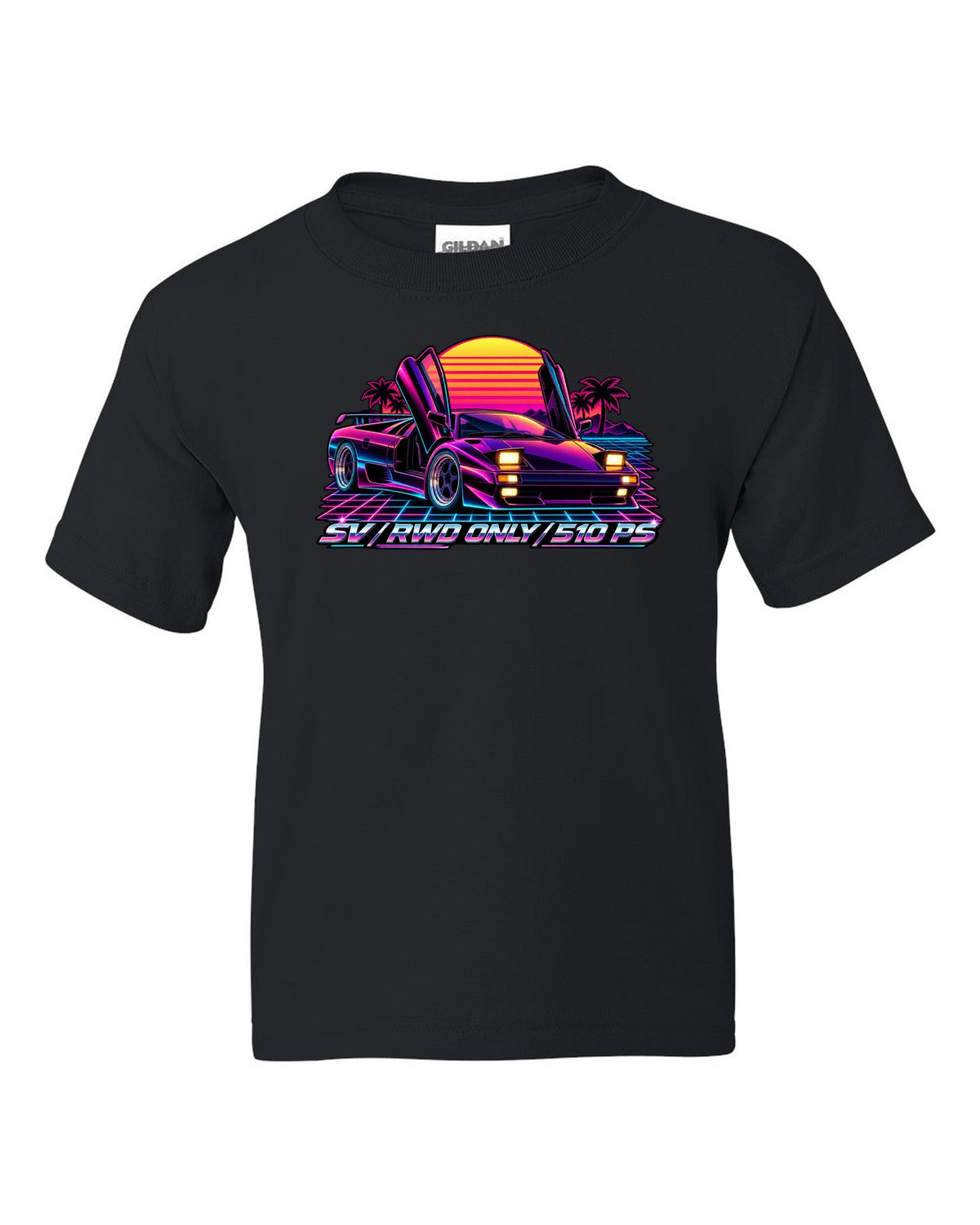 Synthwave outrun style Lamborghini Diablo SV with RWD only and 510 PS lettering black kids tee front view with the design
