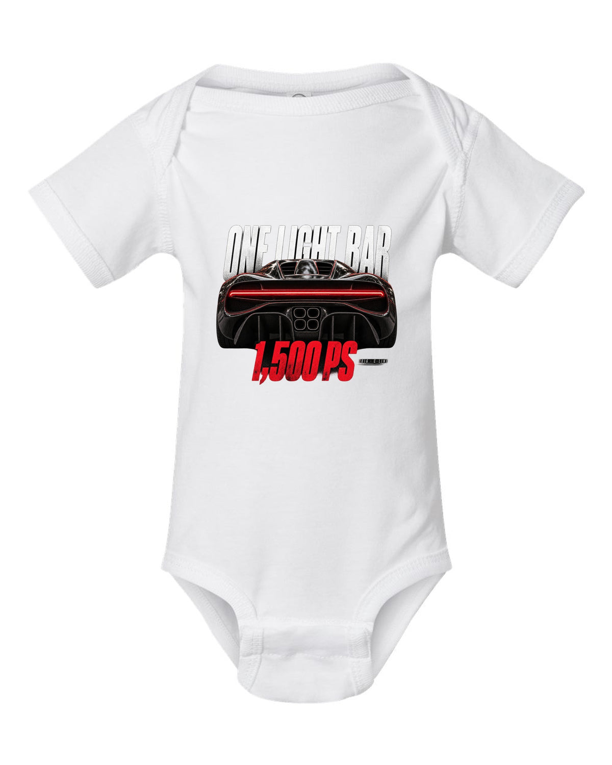 Bugatti Chiron 2016 light bar taillight macro white baby onesie front view with the design
