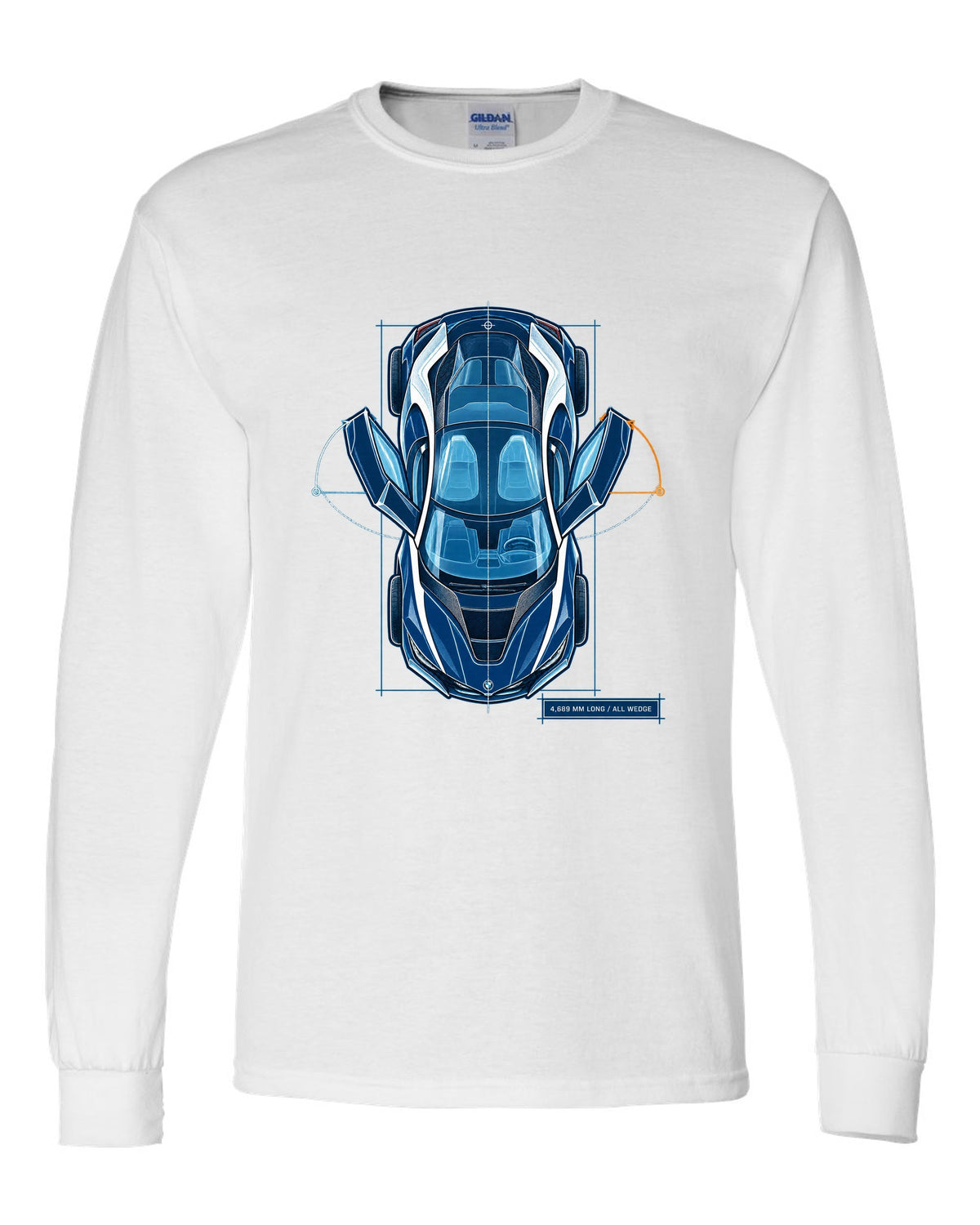 BMW i8 I12 cyanotype blueprint plan view print with 4,689 mm long text white long sleeve front view with the design