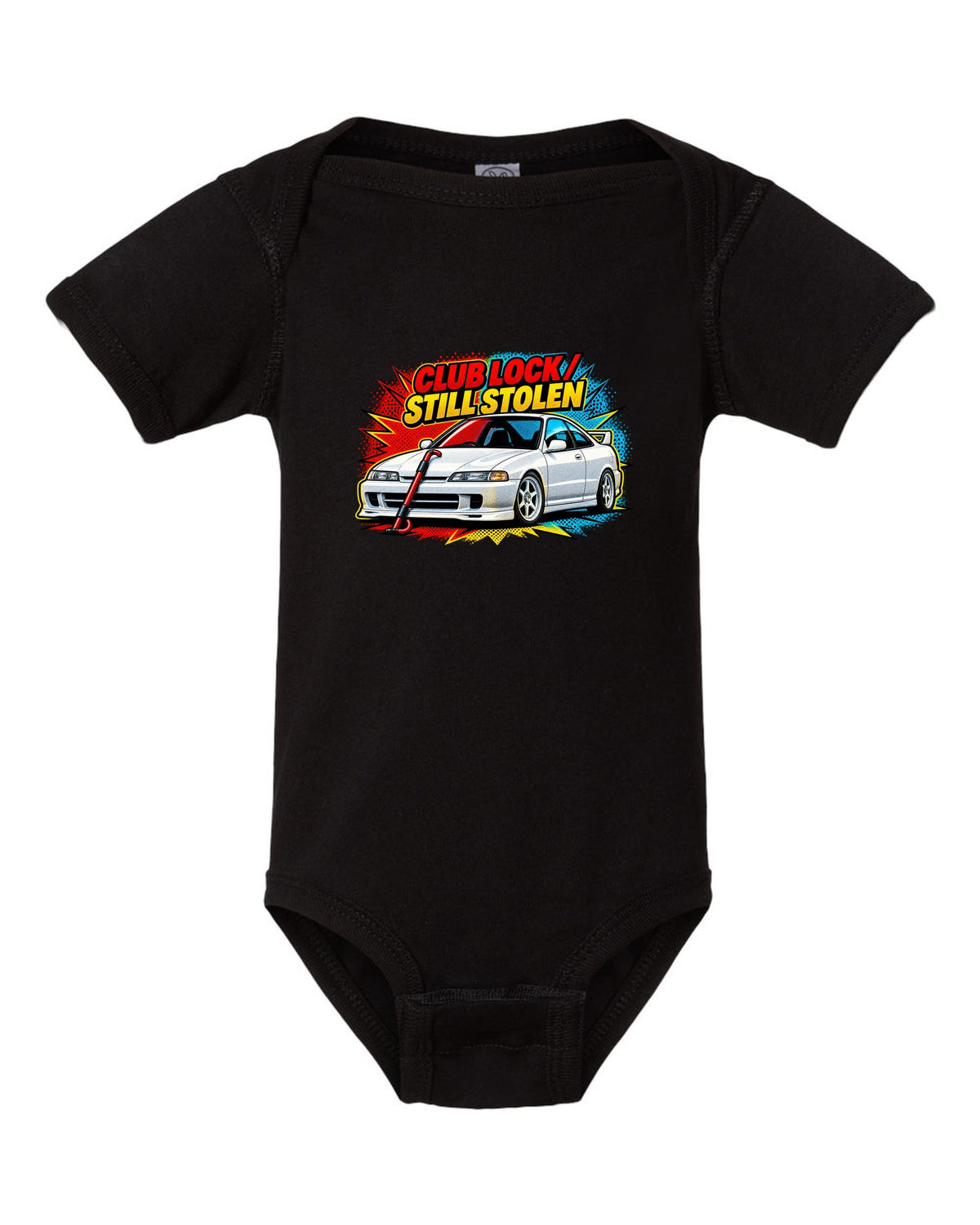 Pop-art halftone split of a 1995 Honda Integra DC2 coupe with Club Lock Still Stolen lettering black baby onesie front view with the design
