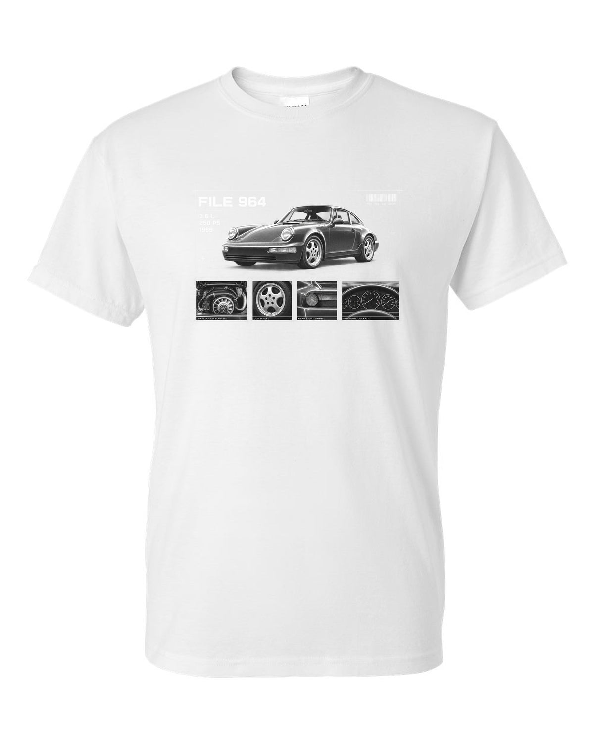 Dossier panel print of a Porsche 911 964 Carrera 2 with File 964 3.6 L 250 PS lettering white t-shirt front view with the design