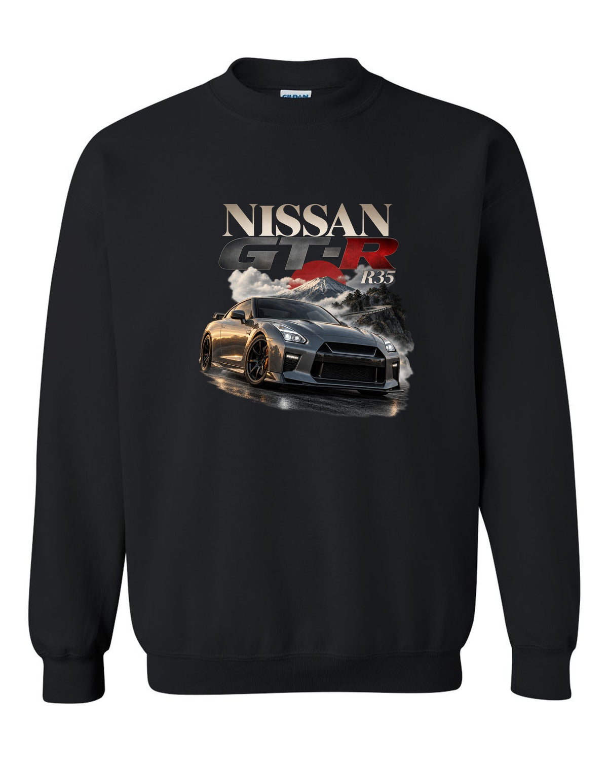 Nissan GT-R R35 2017 facelift in blue on a spec poster layout black crewneck front view with the design