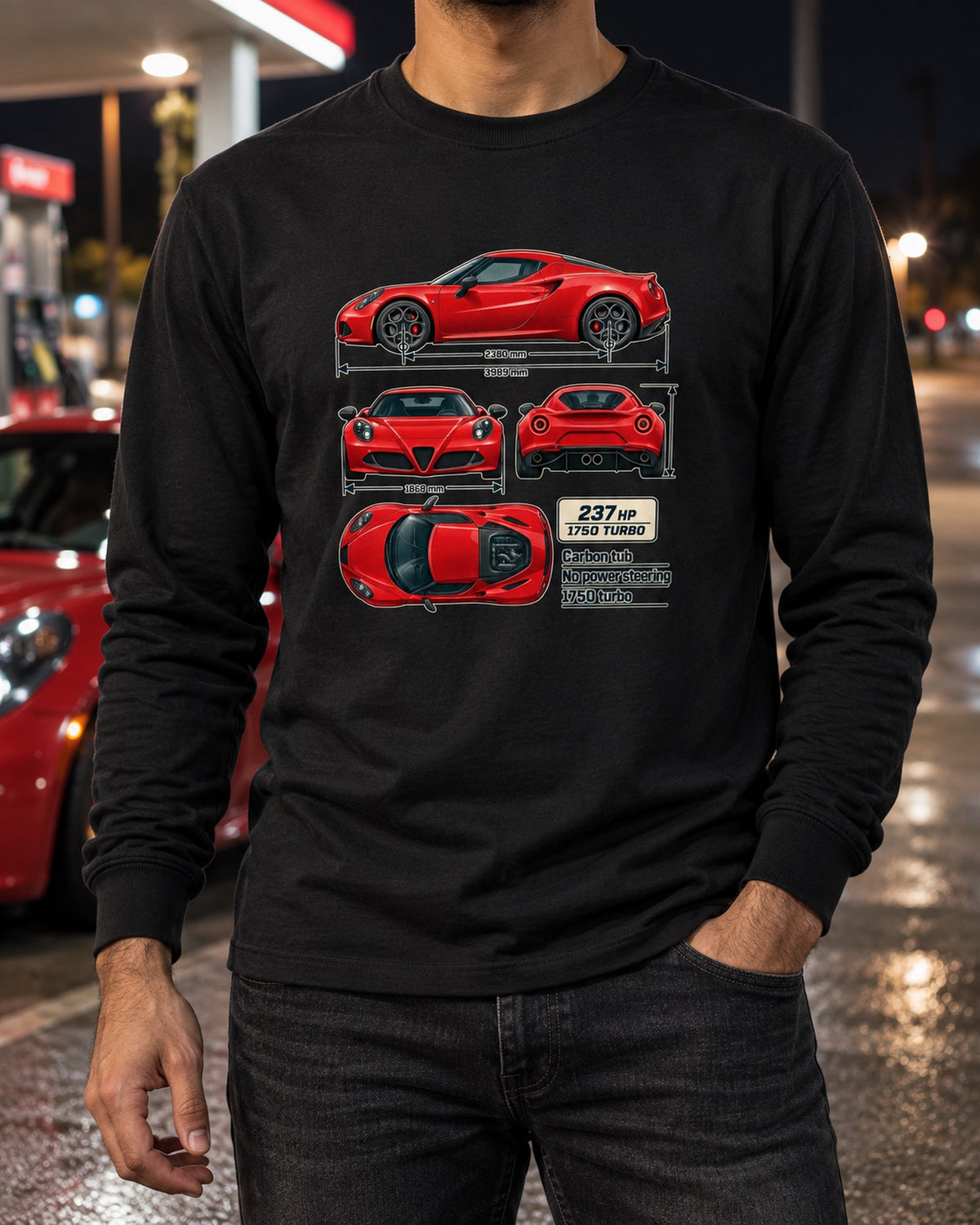 Alfa Romeo 4C Coupe Dimension Blueprint Shirt, Car Guy Gift Long Sleeve Black worn hero