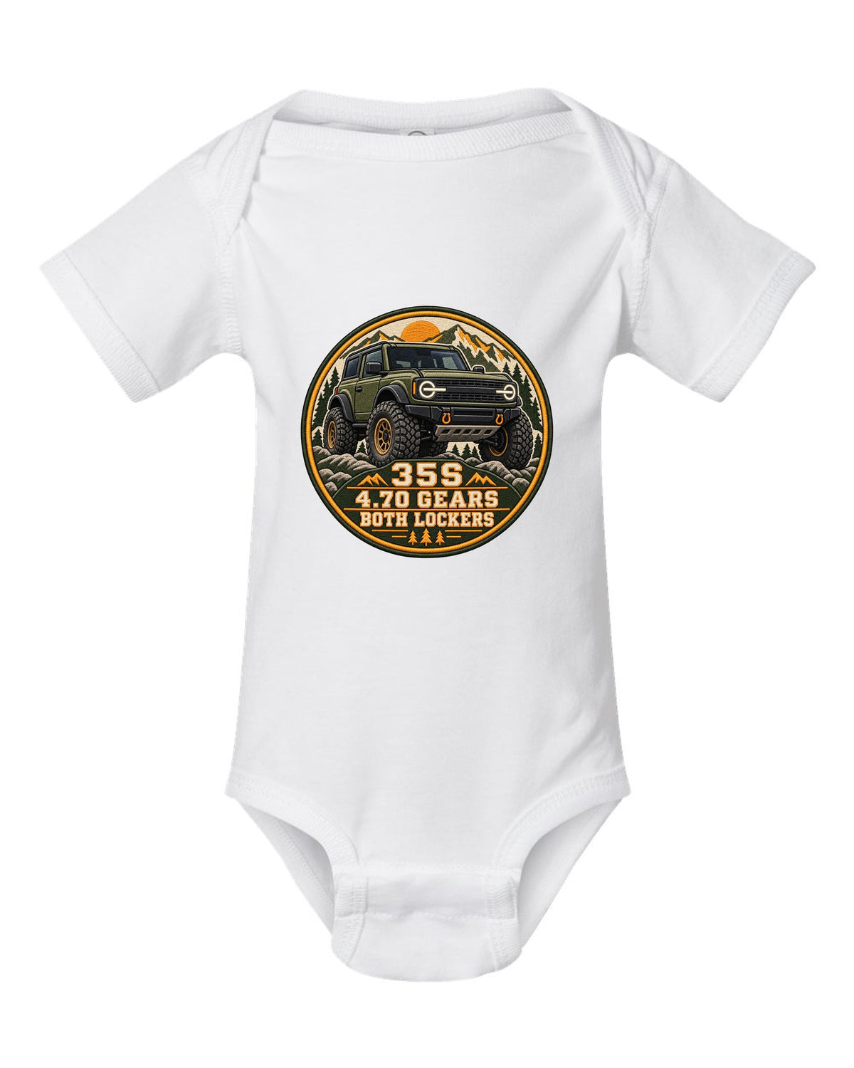 Round seal print for a 2021 Ford Bronco 6G Sasquatch package with 35s and lockers text white baby onesie front view with the design