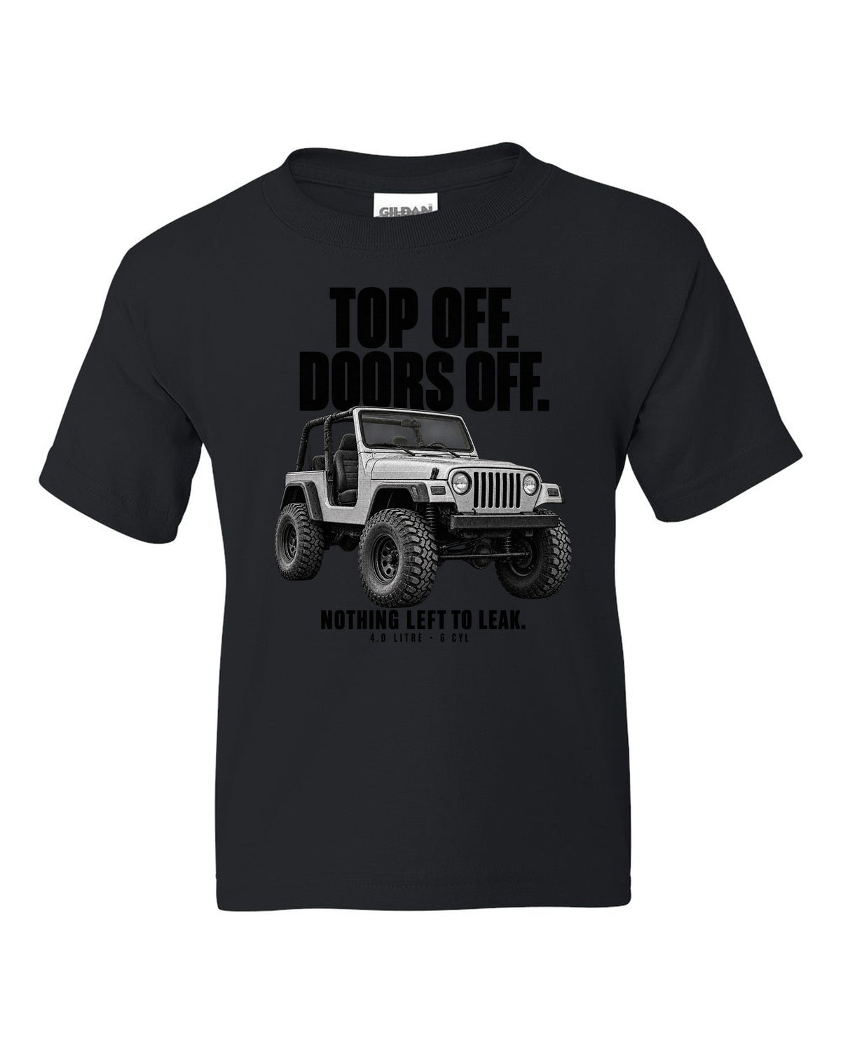 Halftone print for the Jeep Wrangler TJ, Top Off Doors Off Nothing Left To Leak black kids tee front view with the design