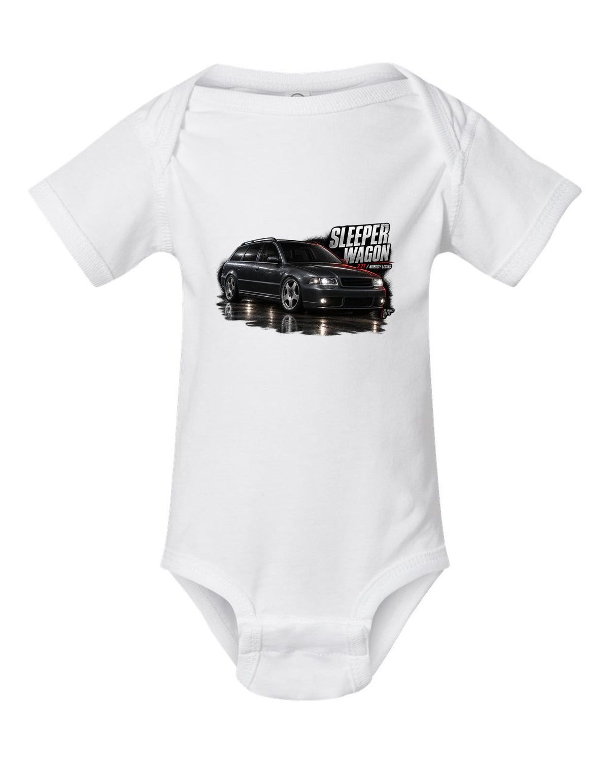 Audi S4 B5 Avant front three-quarter in garage with sleeper wagon 2.7T text white baby onesie front view with the design