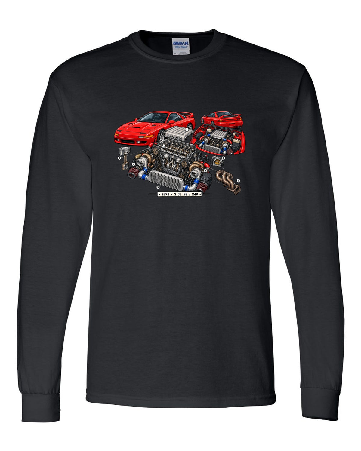Exploded engine cutaway print of the 6G72 V6 for the Mitsubishi 3000GT VR-4 with 3.0L 24V text black long sleeve front view with the design