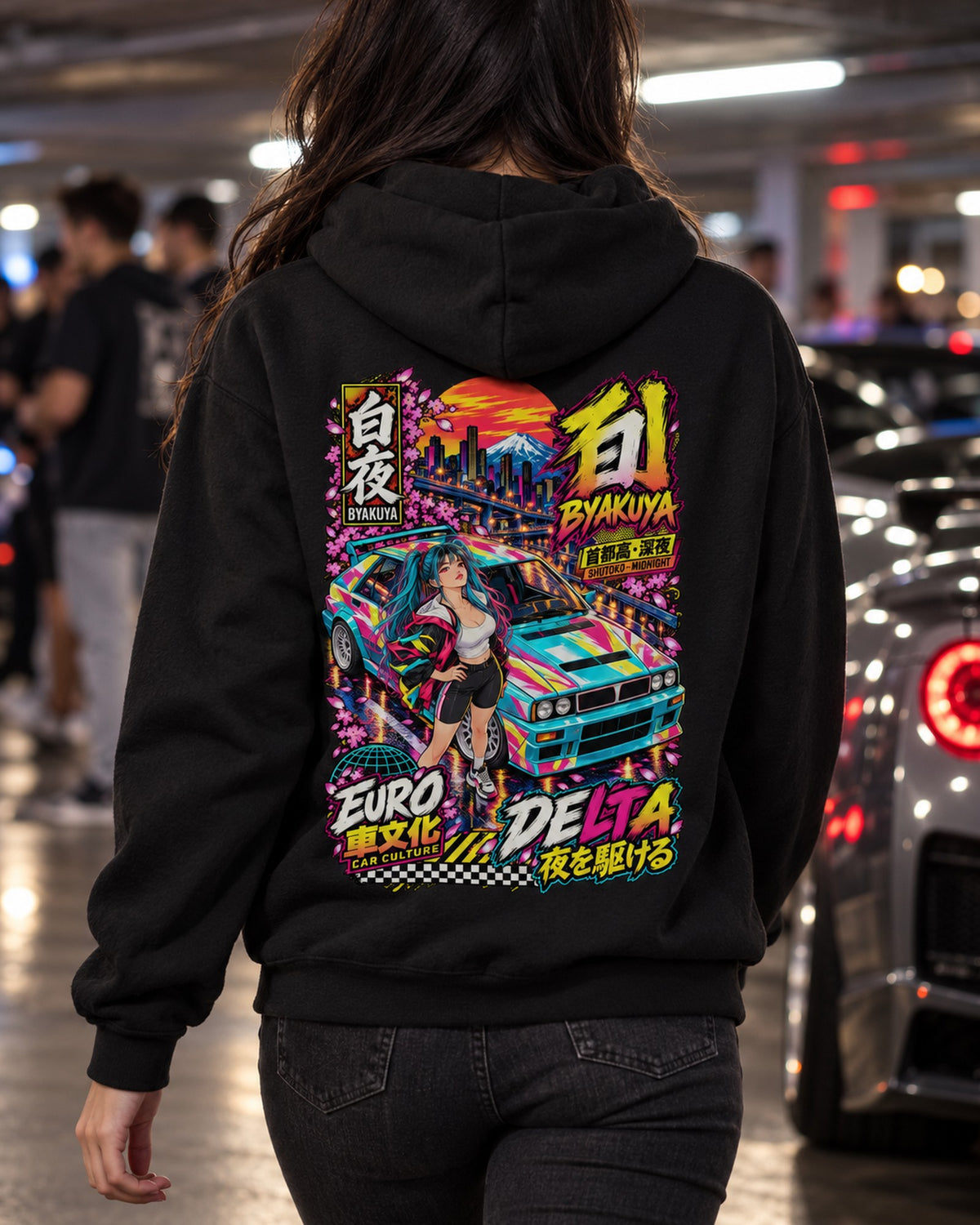 BYAKUYA DELTA Anime Girl Full-Back Graphic Tee Pull Over Hoodie Black worn hero