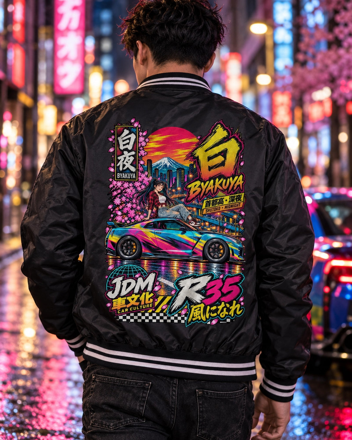 BYAKUYA R35 Anime Girl Full-Back Graphic Tee Bomber Jacket Black worn hero