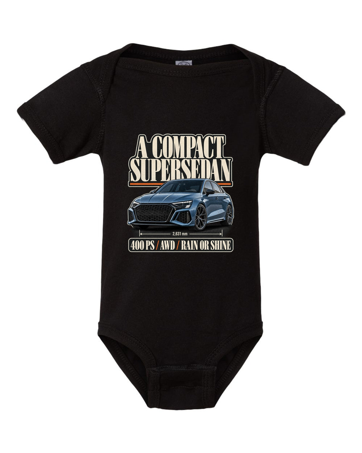 Editorial headline layout for the Audi RS3 8Y sedan, steel blue black baby onesie front view with the design