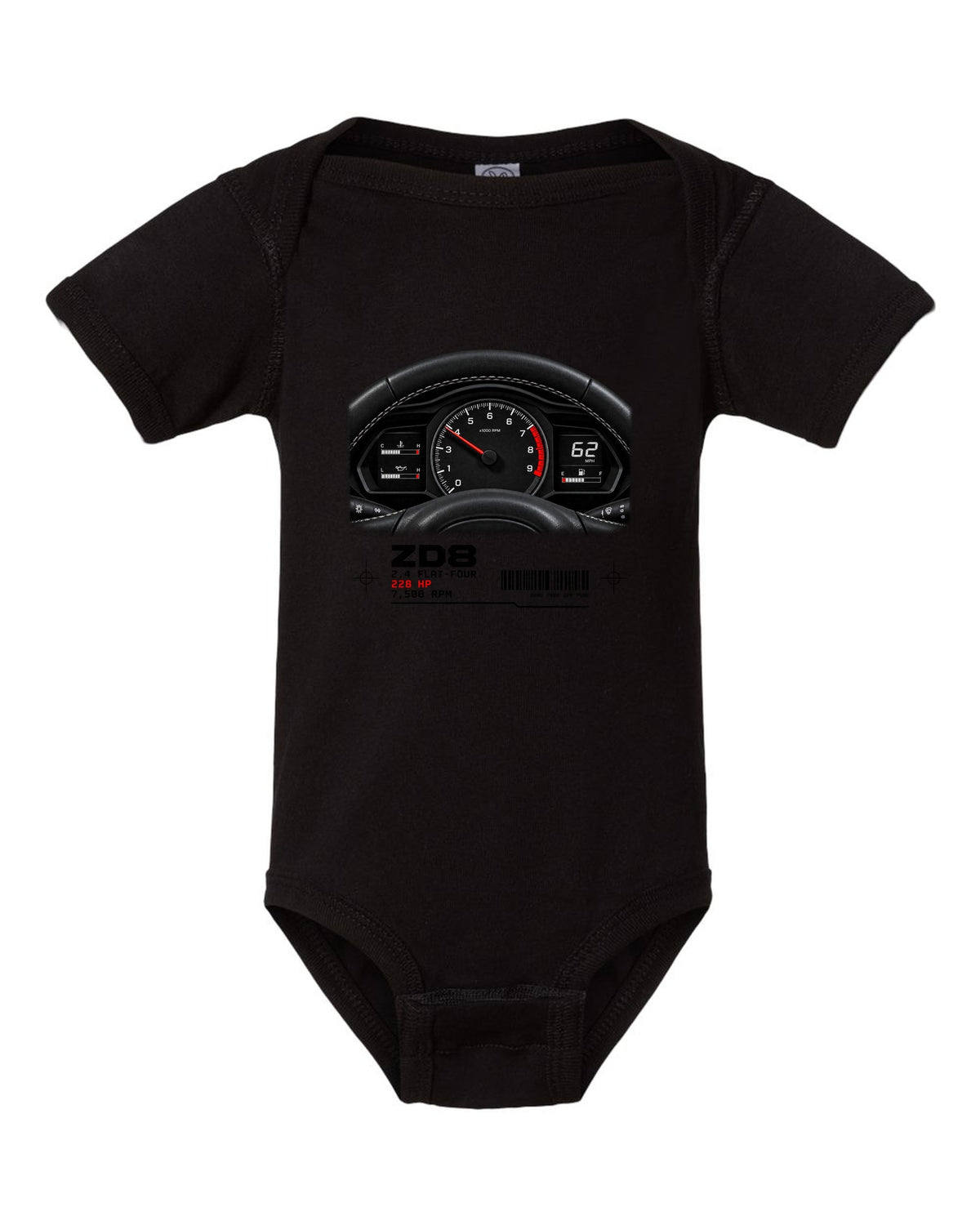 Cockpit gauge cluster print for the Subaru BRZ ZD8 with 2.4 flat-four, 228 HP and 7,500 RPM text black baby onesie front view with the design