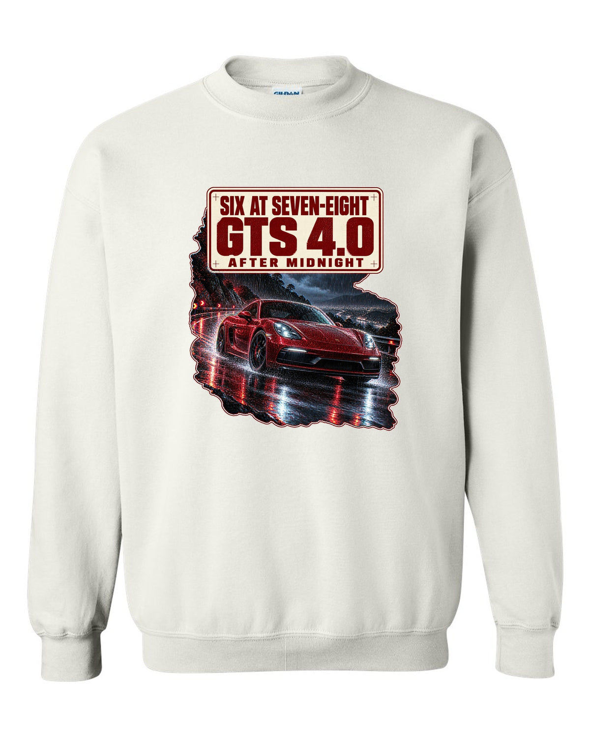 Night street print of a Porsche 718 Cayman GTS 4.0 982 with six at seven-eight text white crewneck front view with the design