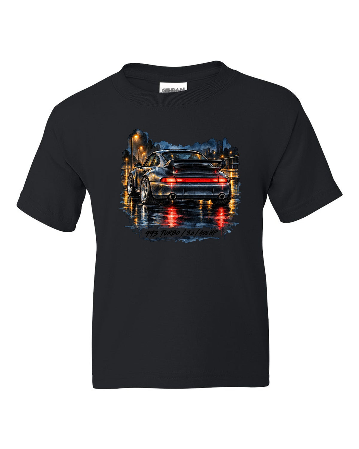 Spec sheet data plate design for the 1978 Porsche 911 Turbo 3.3 930 black kids tee front view with the design