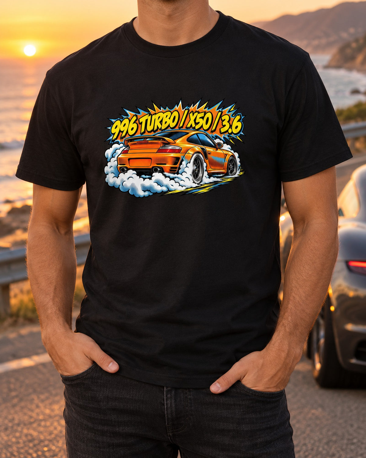 Porsche 996 Turbo X50 Comic Halftone Burnout Shirt, 3.6 T-Shirt Black worn hero