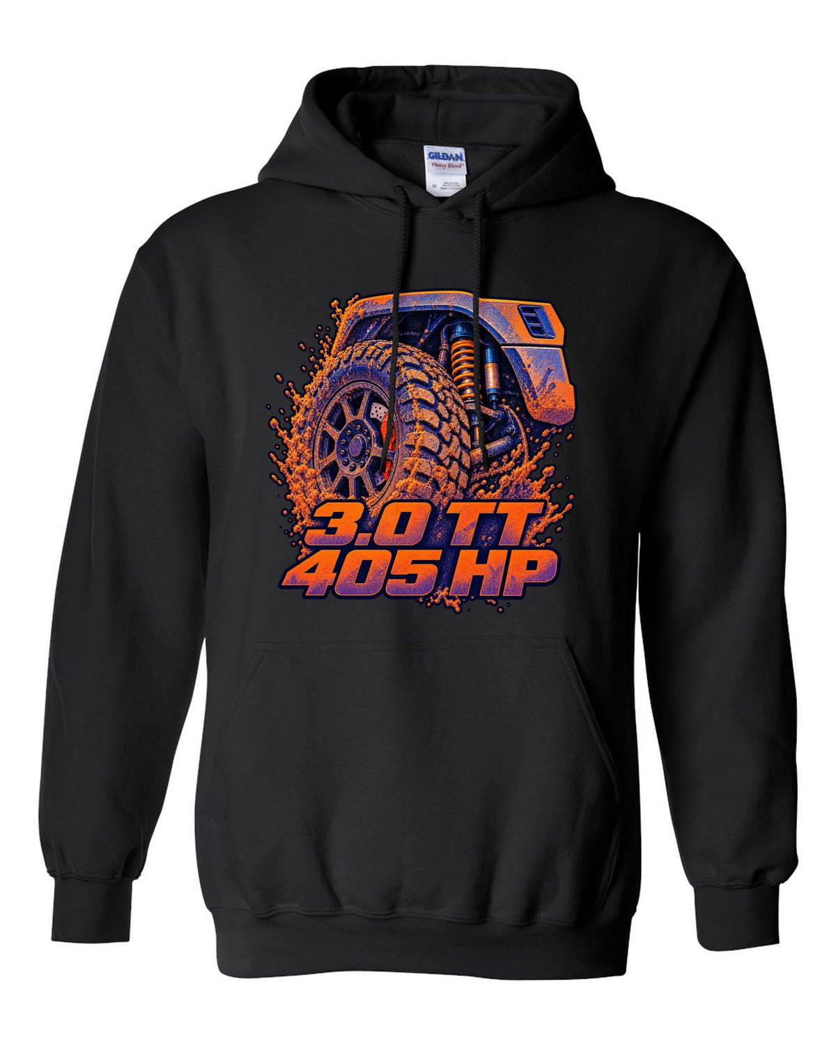 Ford Ranger Raptor P703 wheel and brake in a risograph style print black pull over hoodie front view with the design
