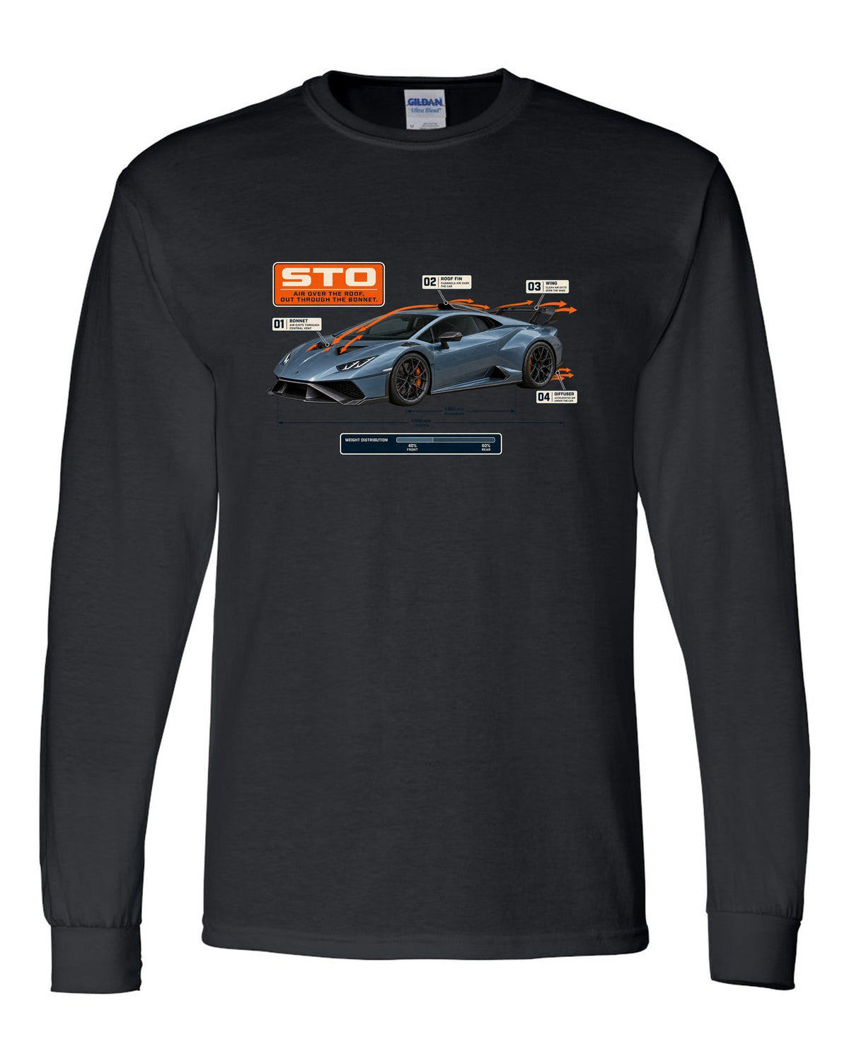 Aero callout print of the Lamborghini Huracan STO showing airflow black long sleeve front view with the design