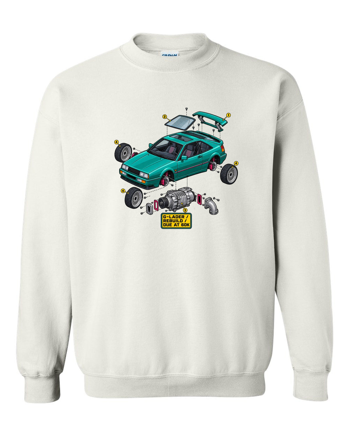 Exploded cutaway engine illustration of a VW Corrado G60 with G-Lader rebuild due at 60K text white crewneck front view with the design