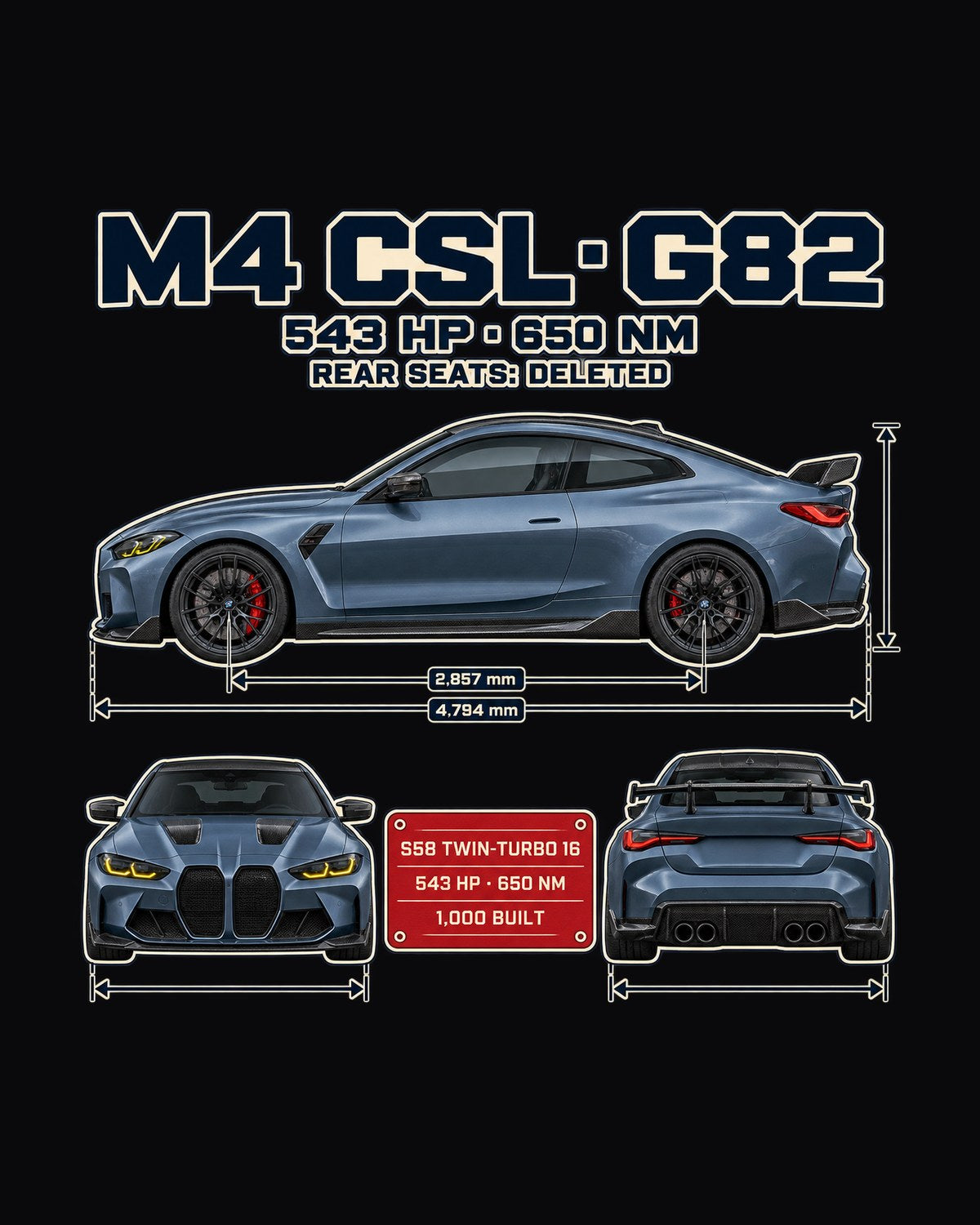 BMW M4 CSL G82 Three-View Spec Table Shirt design only