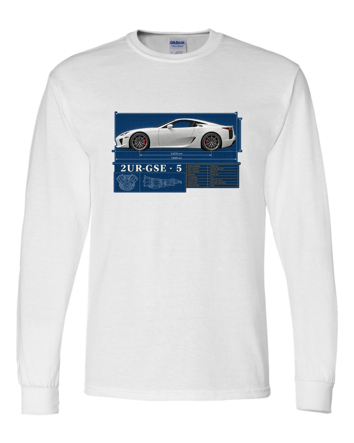Spec poster of the Lexus LFA10 with power, weight and top speed figures white long sleeve front view with the design