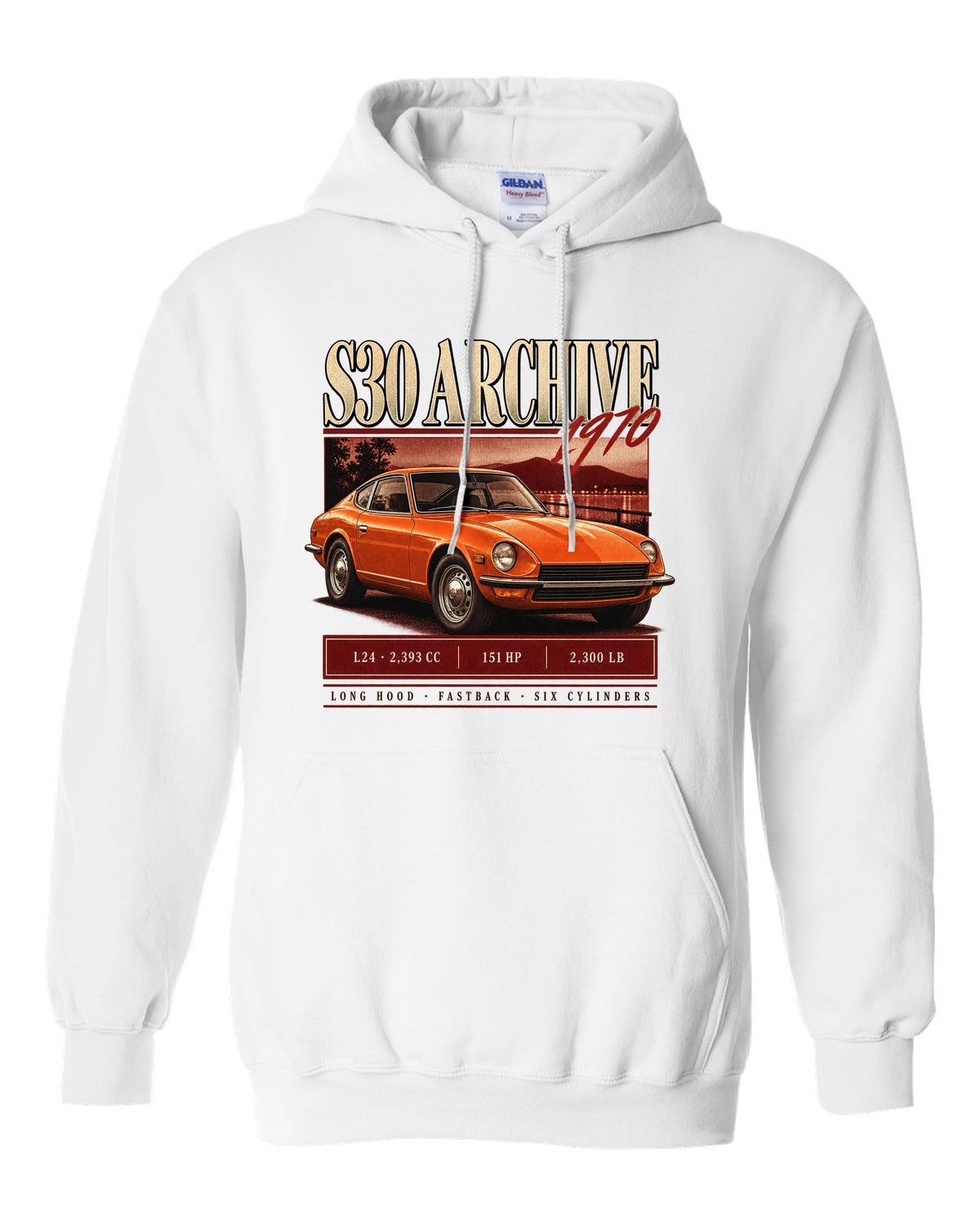 Archive panel print of a 1970 Datsun 240Z S30 with L24 engine figures white pull over hoodie front view with the design