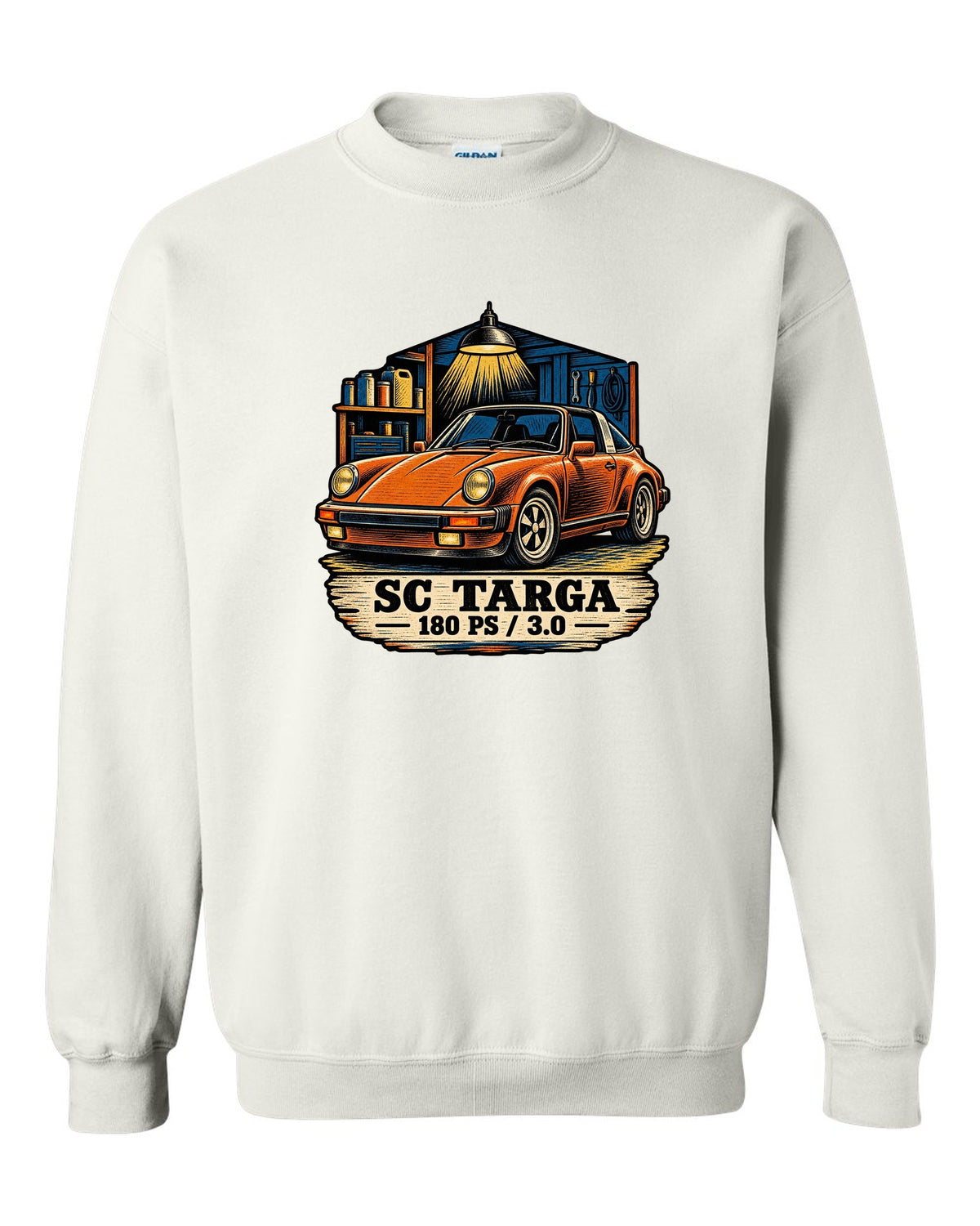 Blueprint line art print of a Porsche 356 A 1.6 L flat-four engine with the text 1600, 60 HP and fan on top white crewneck front view with the design