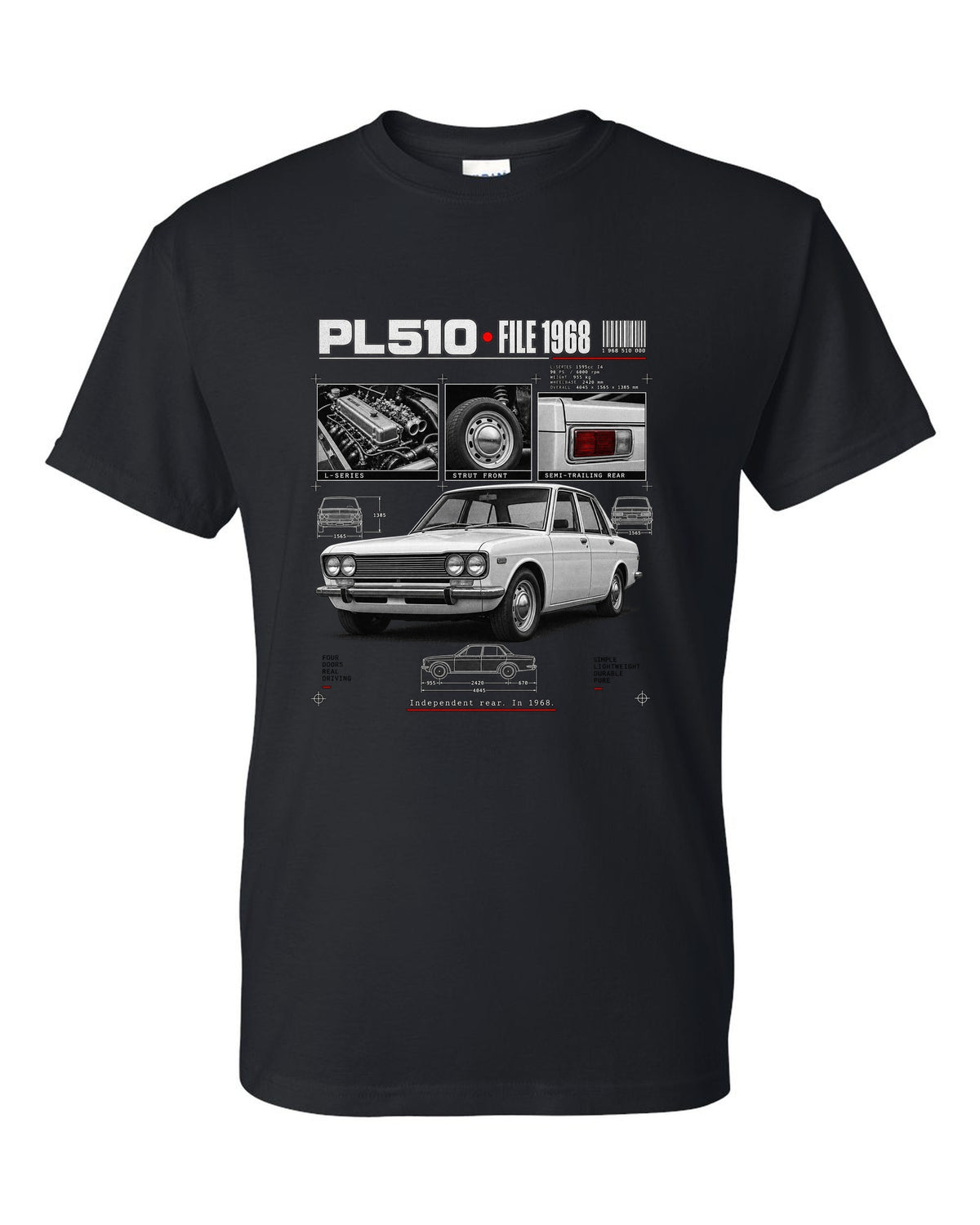 Dossier panel print of a Datsun PL510 sedan and wagon with suspension notes black t-shirt front view with the design