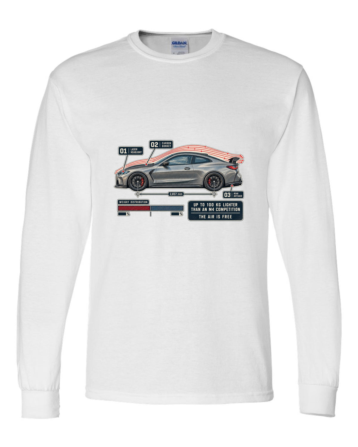 BMW M4 CSL G82 aero flow cutaway print white long sleeve front view with the design