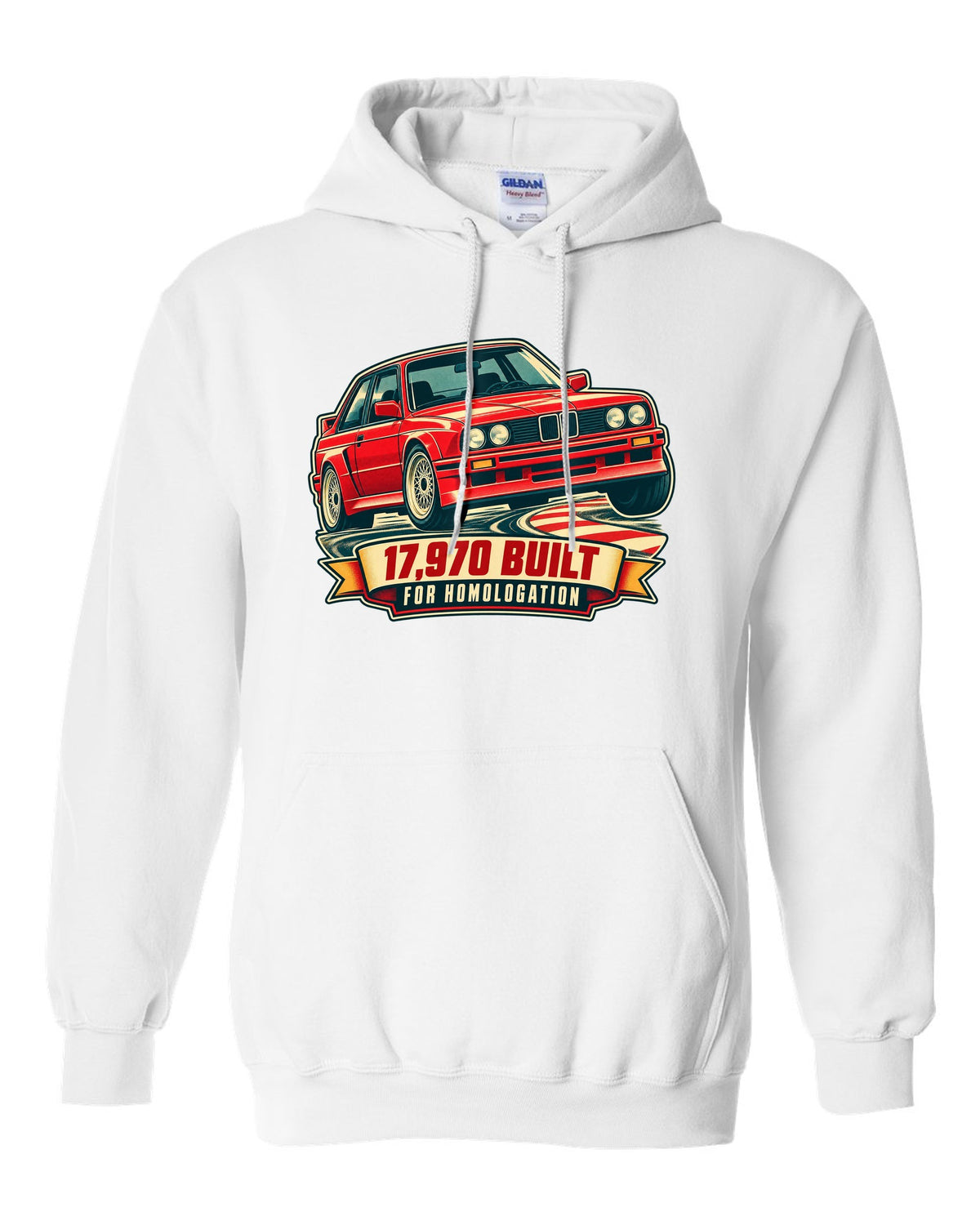 Vintage race poster print of a BMW E30 M3 at a hairpin with 17,970 built text white pull over hoodie front view with the design