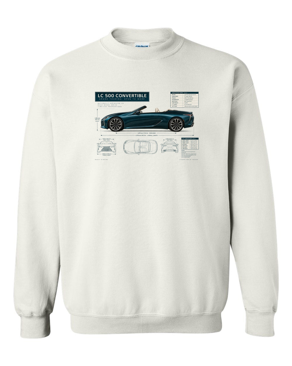 Dimension blueprint of the Lexus RC F with engine code and power figure white crewneck front view with the design