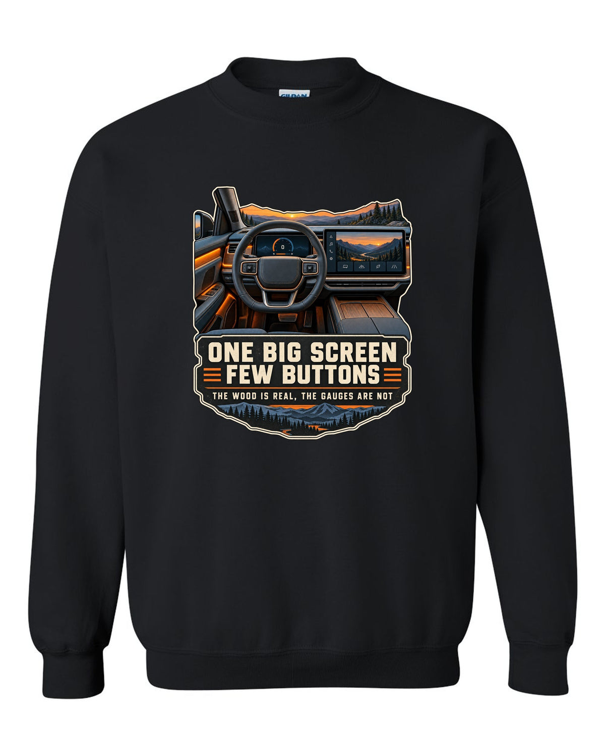 Cockpit and gauge print of a Rivian R1T interior with a large central screen black crewneck front view with the design