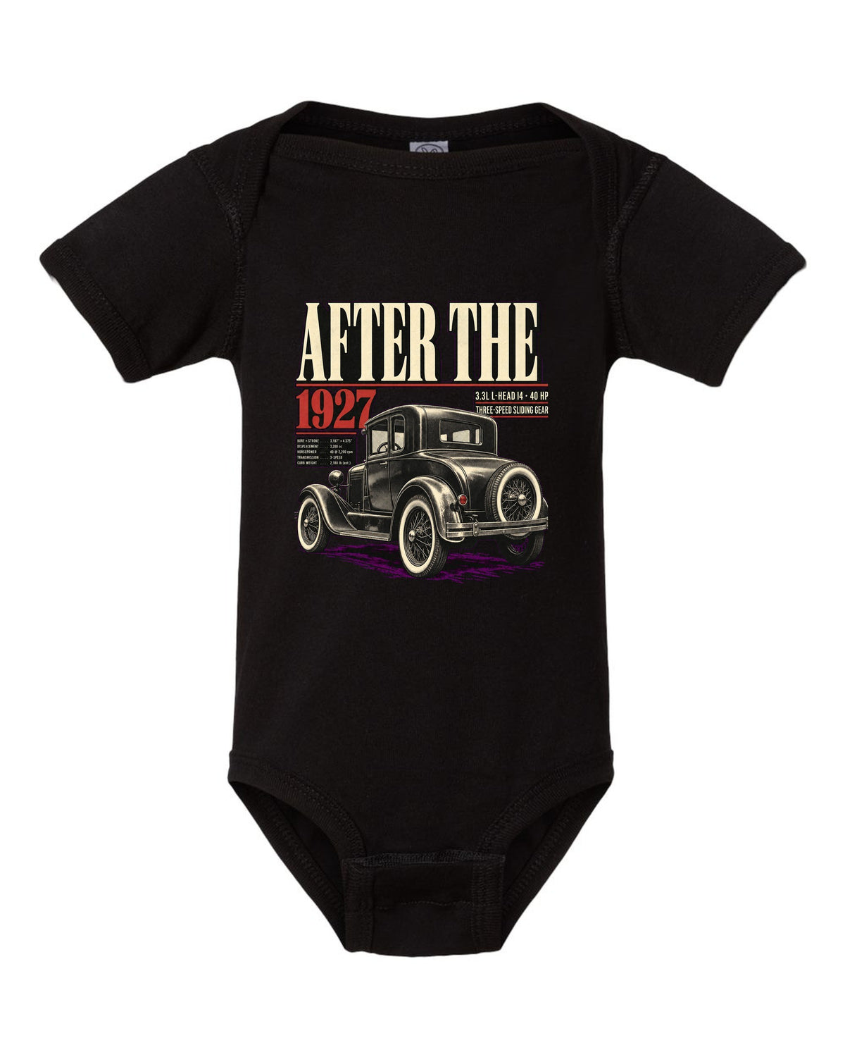 Editorial headline print of a Ford Model A coupe with spec lines black baby onesie front view with the design