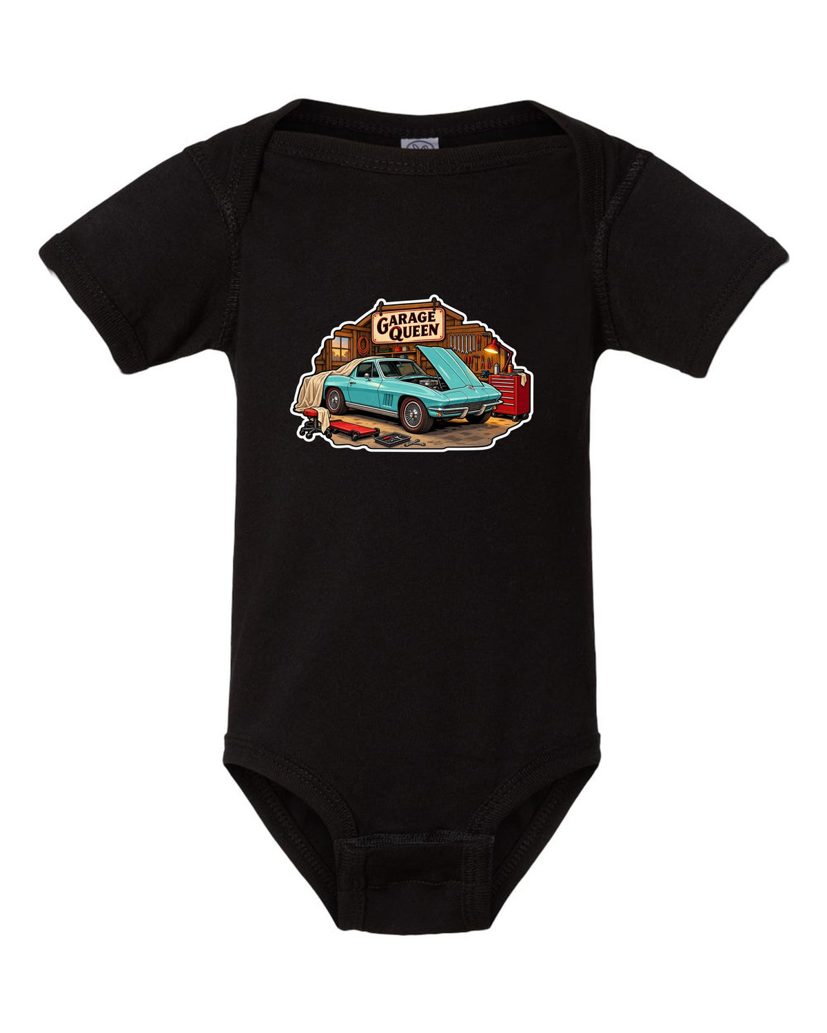 Sticker-bomb collage print of a 1966 Chevrolet Corvette C2 Sting Ray coupe with Garage Queen lettering black baby onesie front view with the design