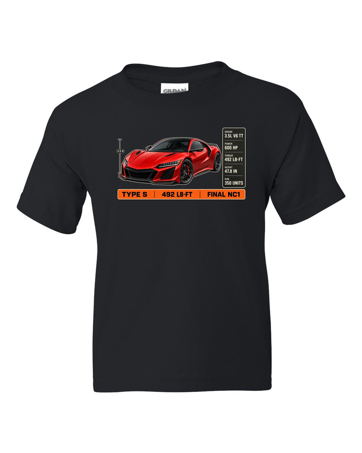 Spec poster print of a Curva Red Acura NSX NC1 Type S three-quarter black kids tee front view with the design