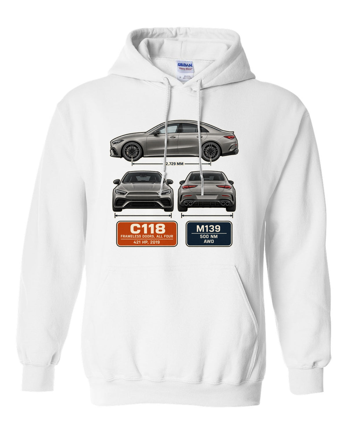 Mercedes-AMG CLA 45 S C118 four-door coupe three-view spec print white pull over hoodie front view with the design