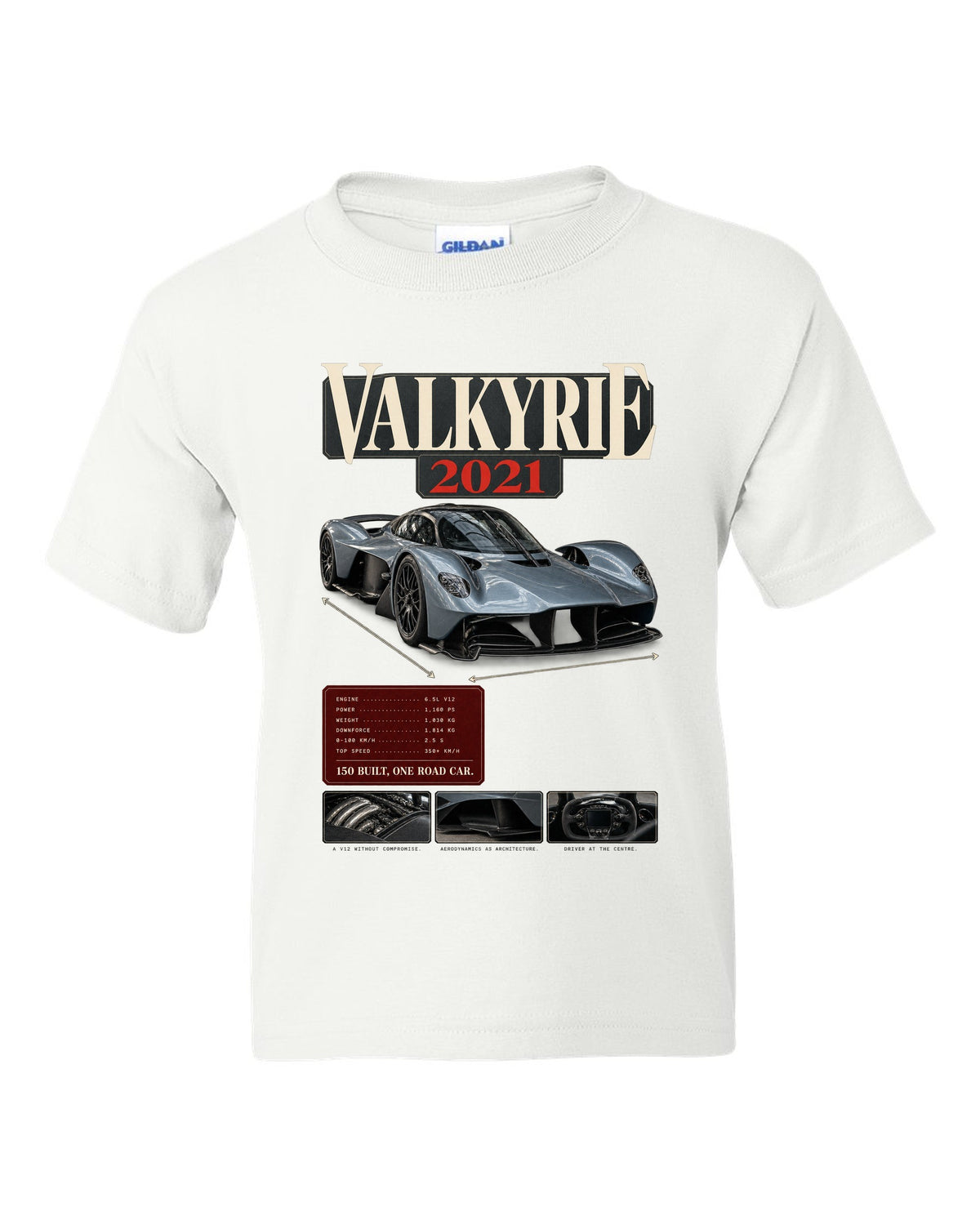 Aston Martin Valkyrie 2021 archive panel print with 150 built one road car text white kids tee front view with the design