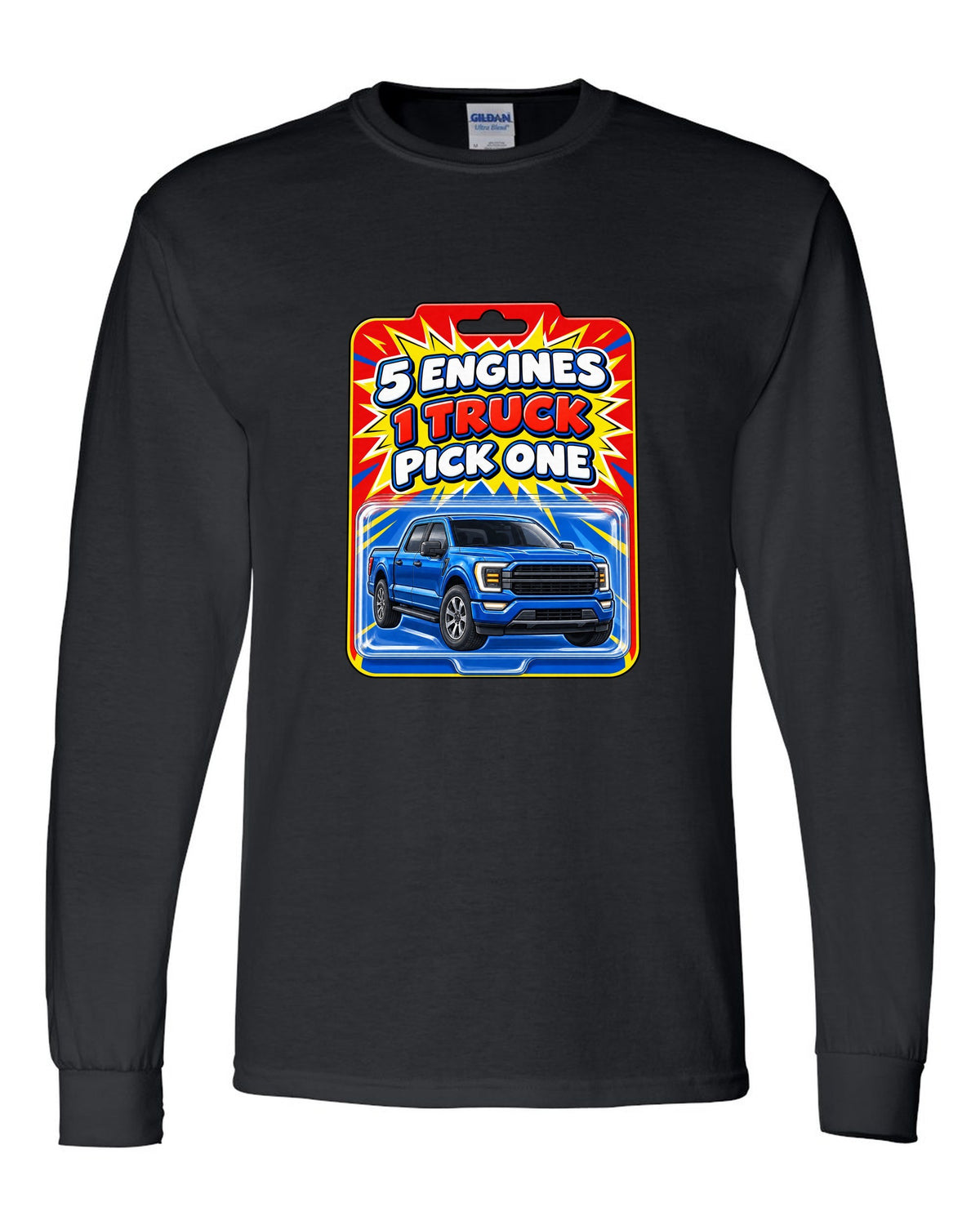 Toy card style print of a 2021 Ford F-150 P702 with five engines one truck text black long sleeve front view with the design