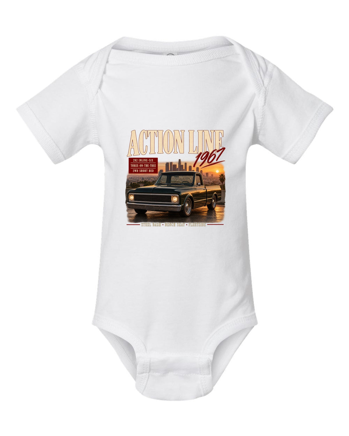Archive panel print of a 1967 Chevrolet C10 Action Line Fleetside with 292 inline-six text white baby onesie front view with the design