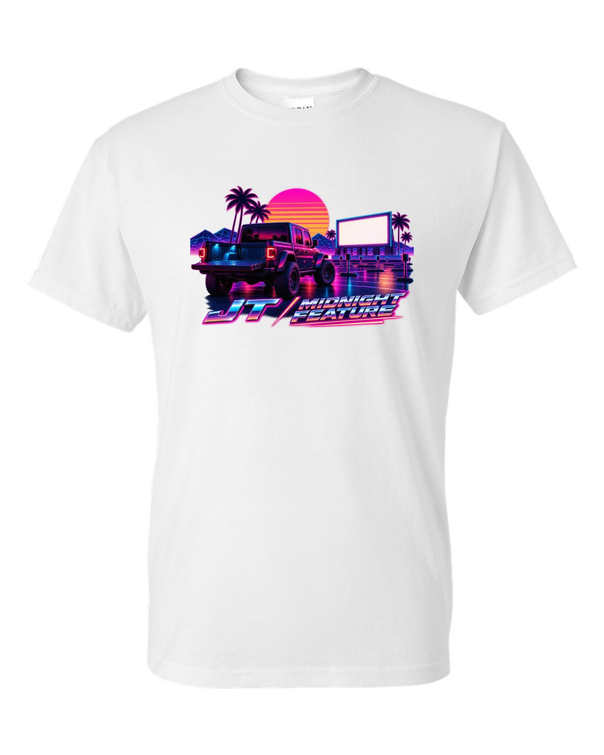 Jeep Gladiator JT synthwave outrun neon grid horizon with JT midnight feature text white t-shirt front view with the design
